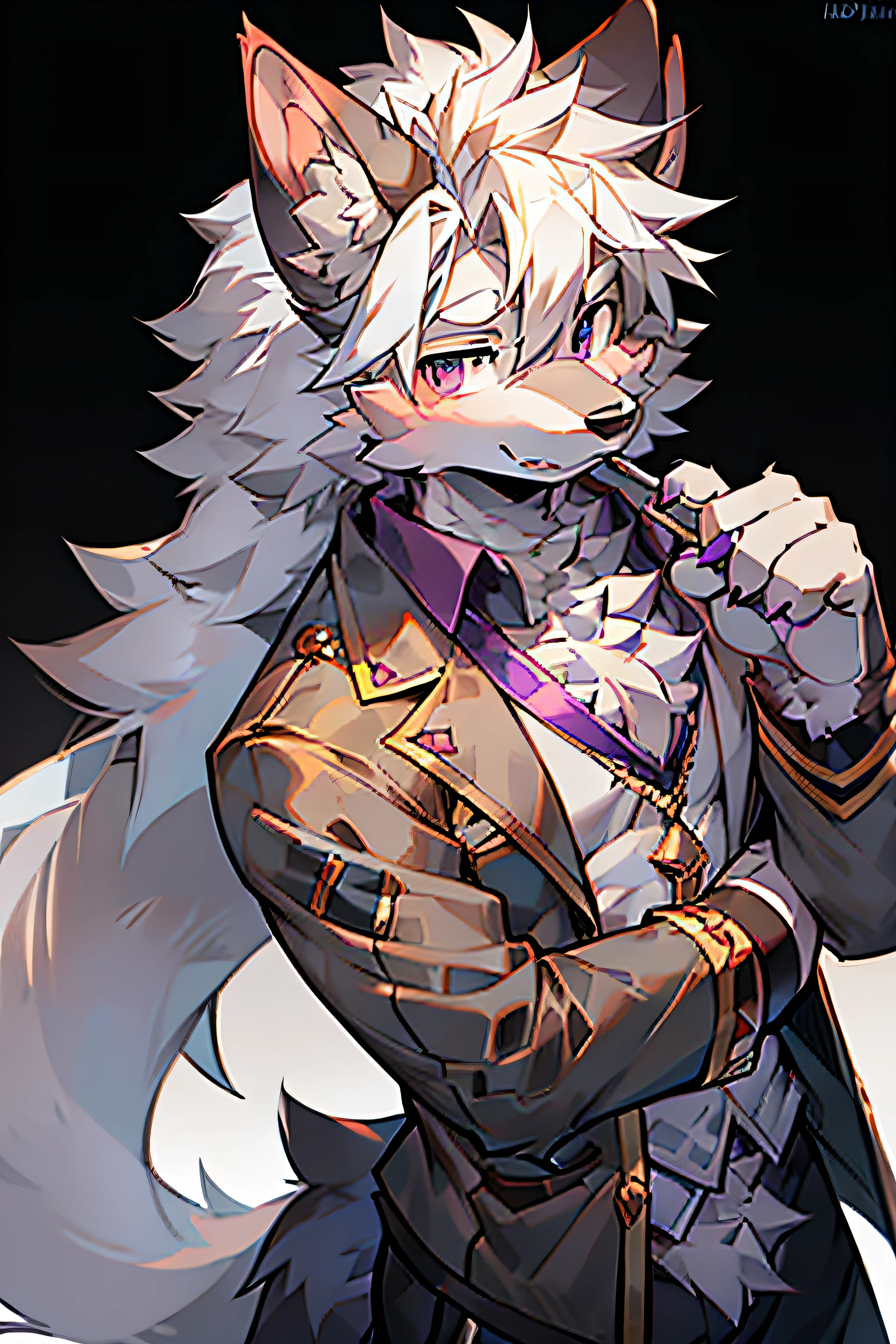 solo person，shaggy male，furry，coyote，canid，Gray fur，long  white hair，The hair ends are purple，a purple eye，Wearing a monocle，Bullied，adolable，Handsome