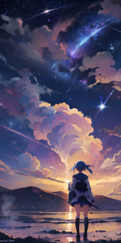 an anime girl looking at the anime starry night scene, from behind, shooting stars, 4k anime wallpaper --auto --s2