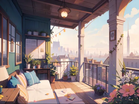 (masterpiece), best quality, ultra high res, detailed structure, detailed architecture, (warm pastel color), mini balcony, plants, flower, (at morning time:1.5), city view