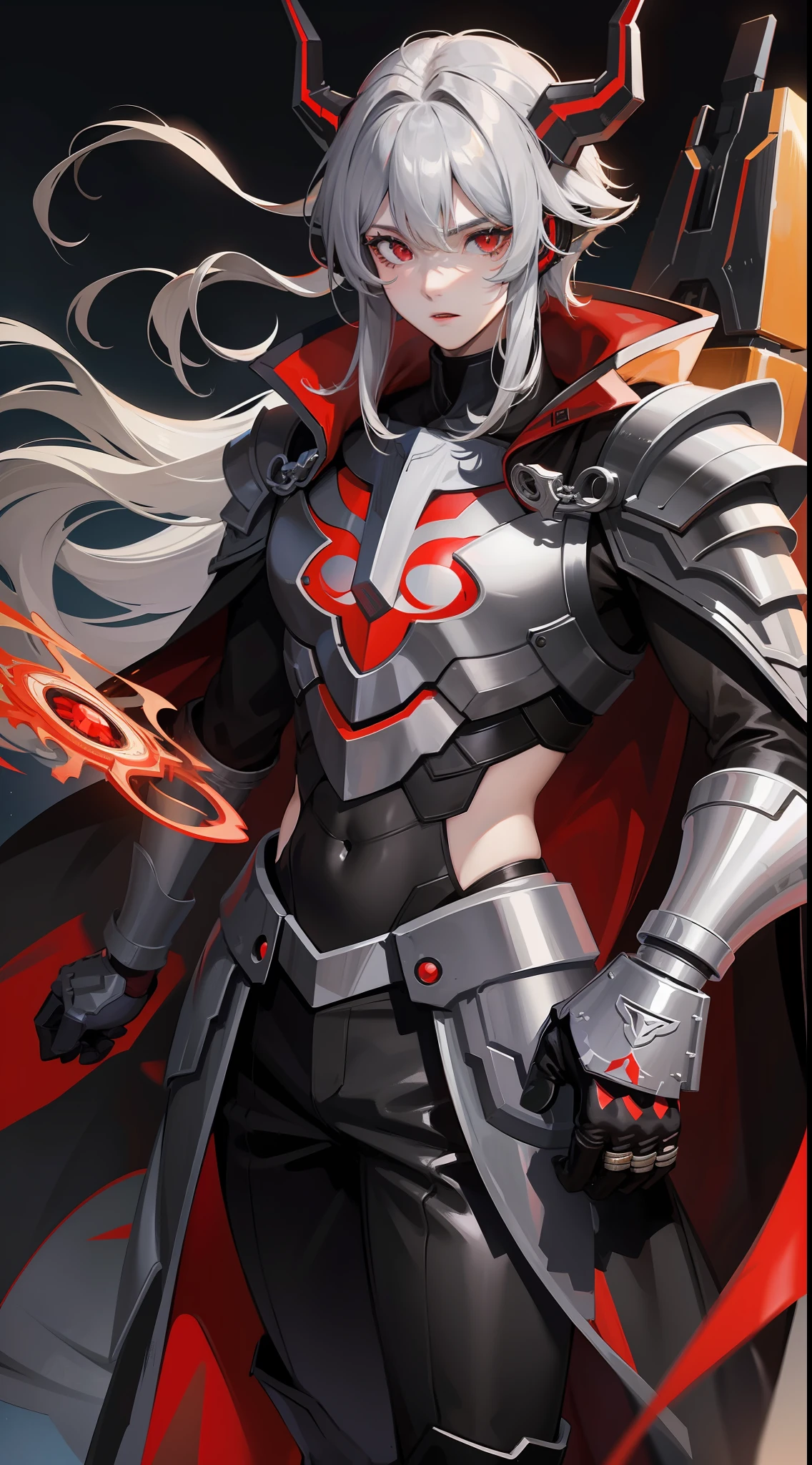 Young boy, long gray hair, red eyes, Cybertron iron robe, open torso, iron horns, Masterpiece, hiquality