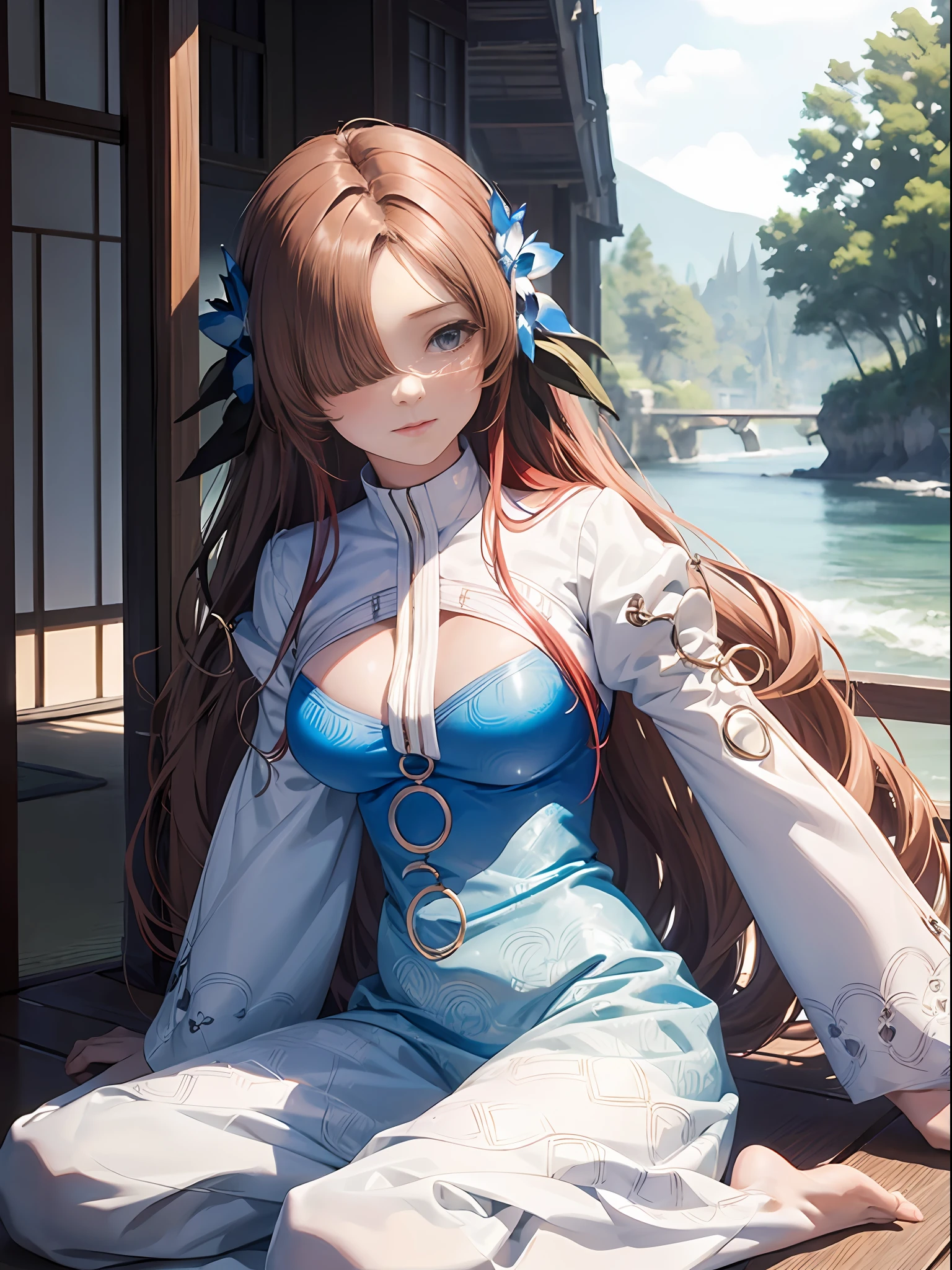 （Enrich the picture，Masterpiece level quality）Beautiful 8K CG artwork，Goddess-like posture，Sit by the river and exercise in a posture，Slim and soft，Translucent skin，Red hair、The beauty of extra-long hair, Super Long Straight Hair，The skin is fair and juicy，Big breasts underwear uniform，Perspective Part 1.2x enhanced silhouette effect，Exquisite transparent blues pattern in pajamas，The details are intricate and exquisite，The background is slightly blurred，Charming and lustful leg seduction，Drool，Extra-large big breasts，Blush，Japan goddess，Perfect body slim curves，Scene by the sea，