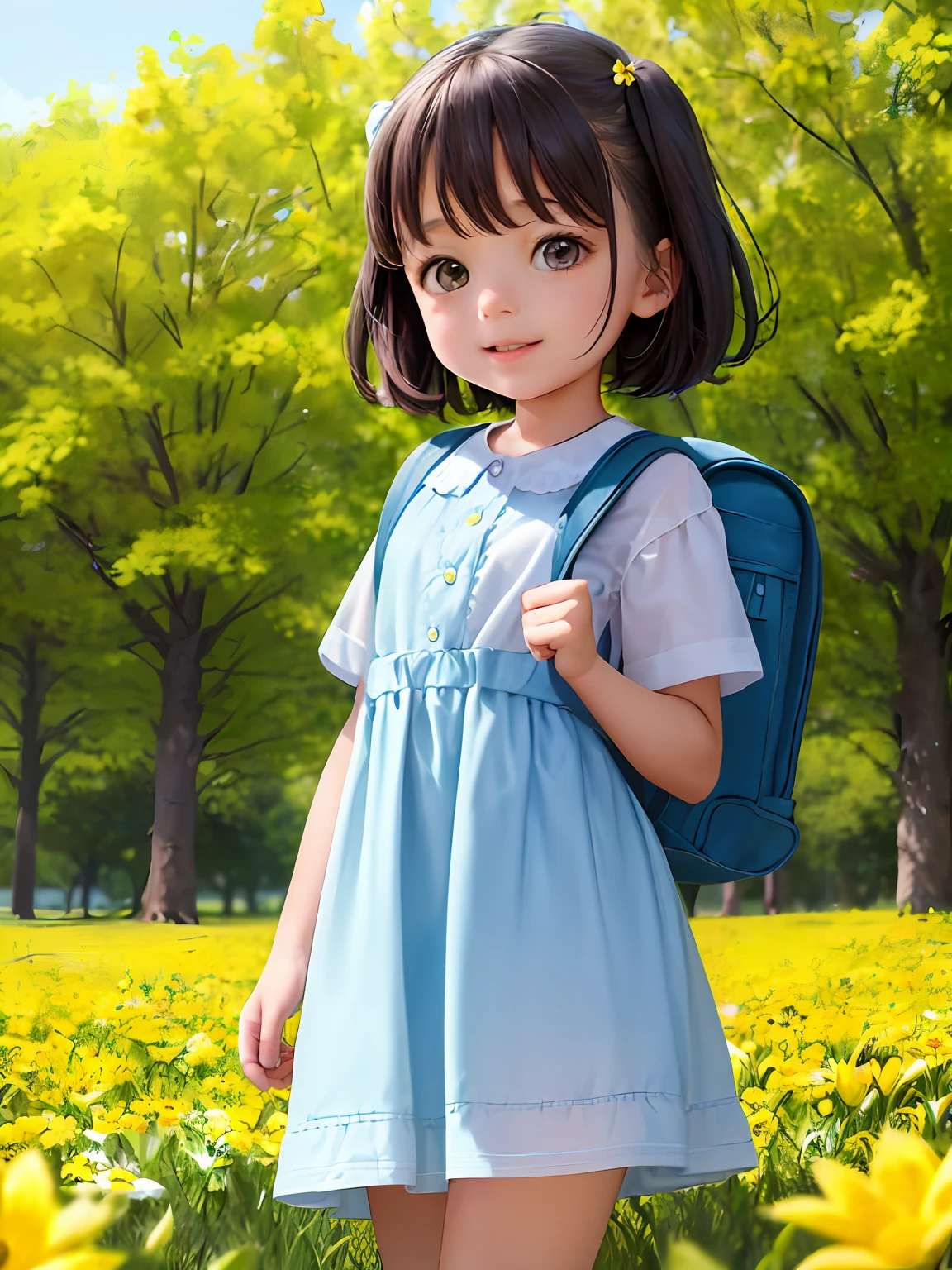 A very charming little girl with a backpack and her cute puppy enjoying a lovely spring outing surrounded by beautiful yellow flowers and nature. The illustration is a high-definition illustration in 4k resolution, featuring highly detailed facial features and cartoon-style visuals.