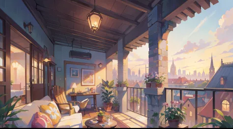 (masterpiece), best quality, ultra high res, detailed structure, detailed architecture, (warm pastel color), mini balcony, plants, flower, (at morning time:1.5), city view
