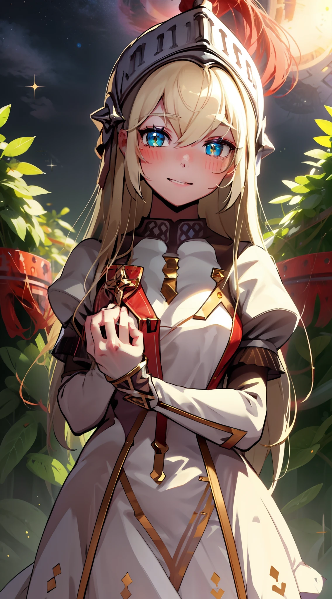 Very high quality, very good anatomy, sexy, girl smile, long hair, detailed eyes, upper body, dress, white dress, flower, garden, good anatomy, stand up, high quality, hd, glowing eyes, very detailed eyes, star eyes,blushing, shy, shy face, hands holding, holding invite, glowing pupil,