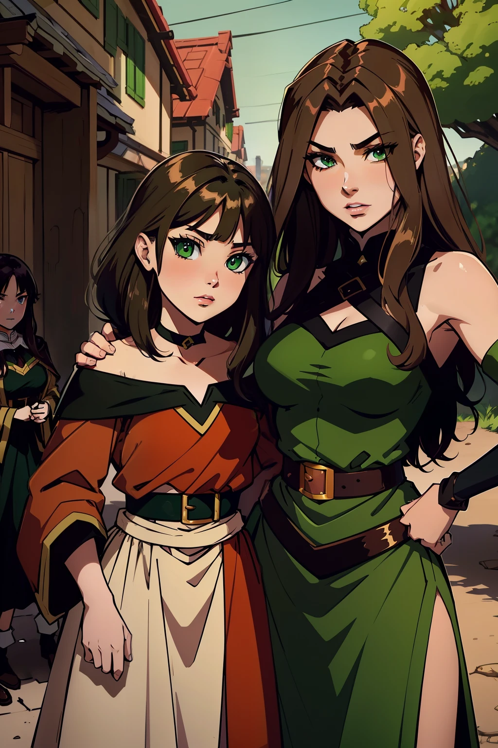 Megumin archimage (Have brunette color hair and dark green eyes) and her daughter 13 years old Esmeralda archmage's apprentice (Have brunette color hair and dark green eyes, fight against enemy
