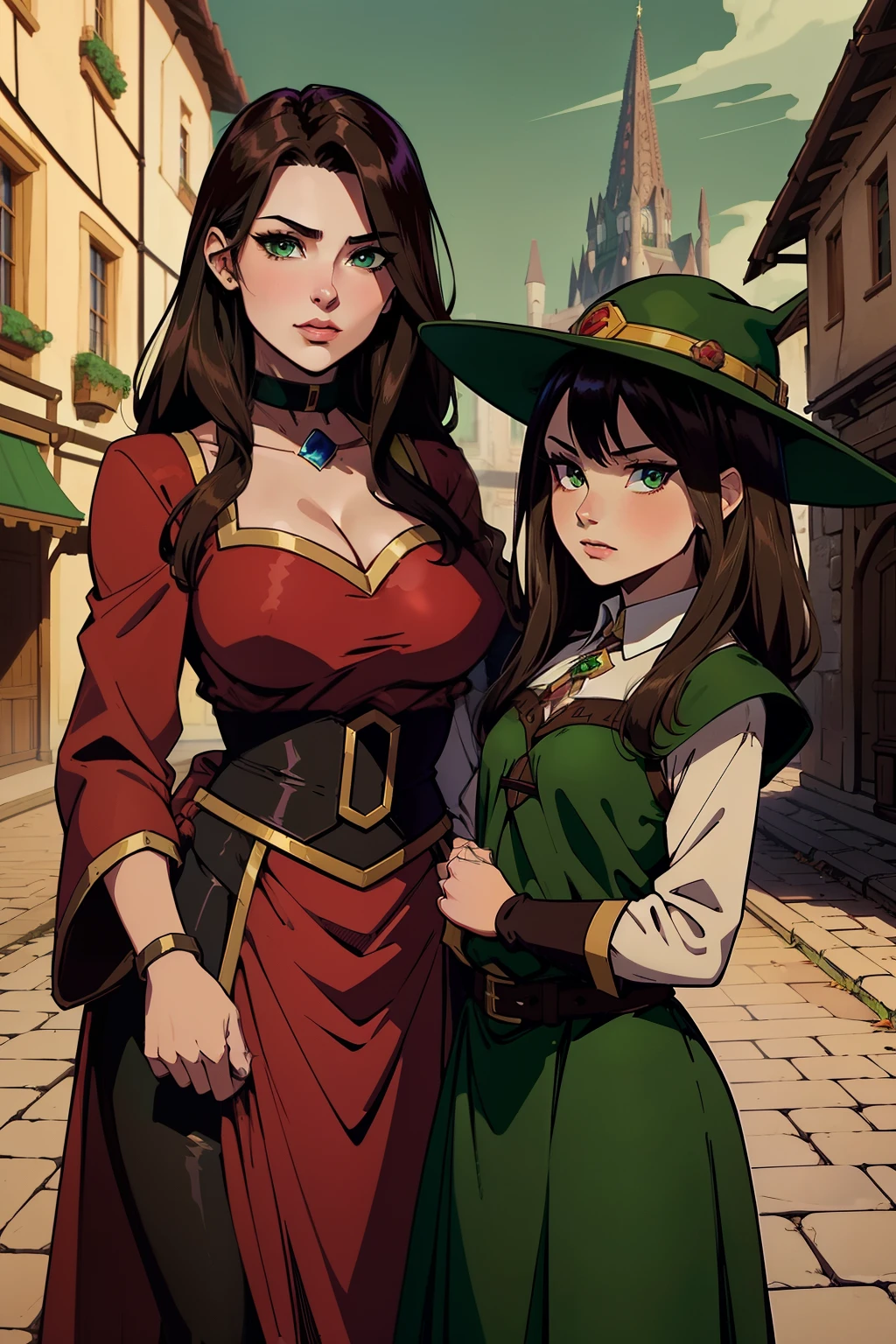 Arquimaga Megumin (Tem cabelos castanhos e olhos verdes escuros) e sua filha Esmeralda, 13 anos, aprendiz do arquimago (Tem cabelos castanhos e olhos verdes escuros, usando chapéus de feiticeiro, cidade medieval, lutar contra o inimigo,