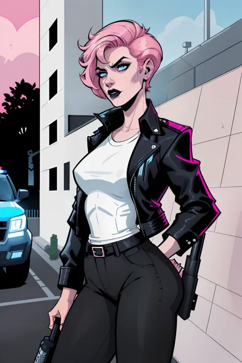 woman, standing, outside, police station on background, pale blue eyes, detailed short pink hair Short Side Comb haircut, angry expression, black lipstick, small tits, wearing a leather jacket, black pants, shirt, white shirt, comic book style, flat shaded...