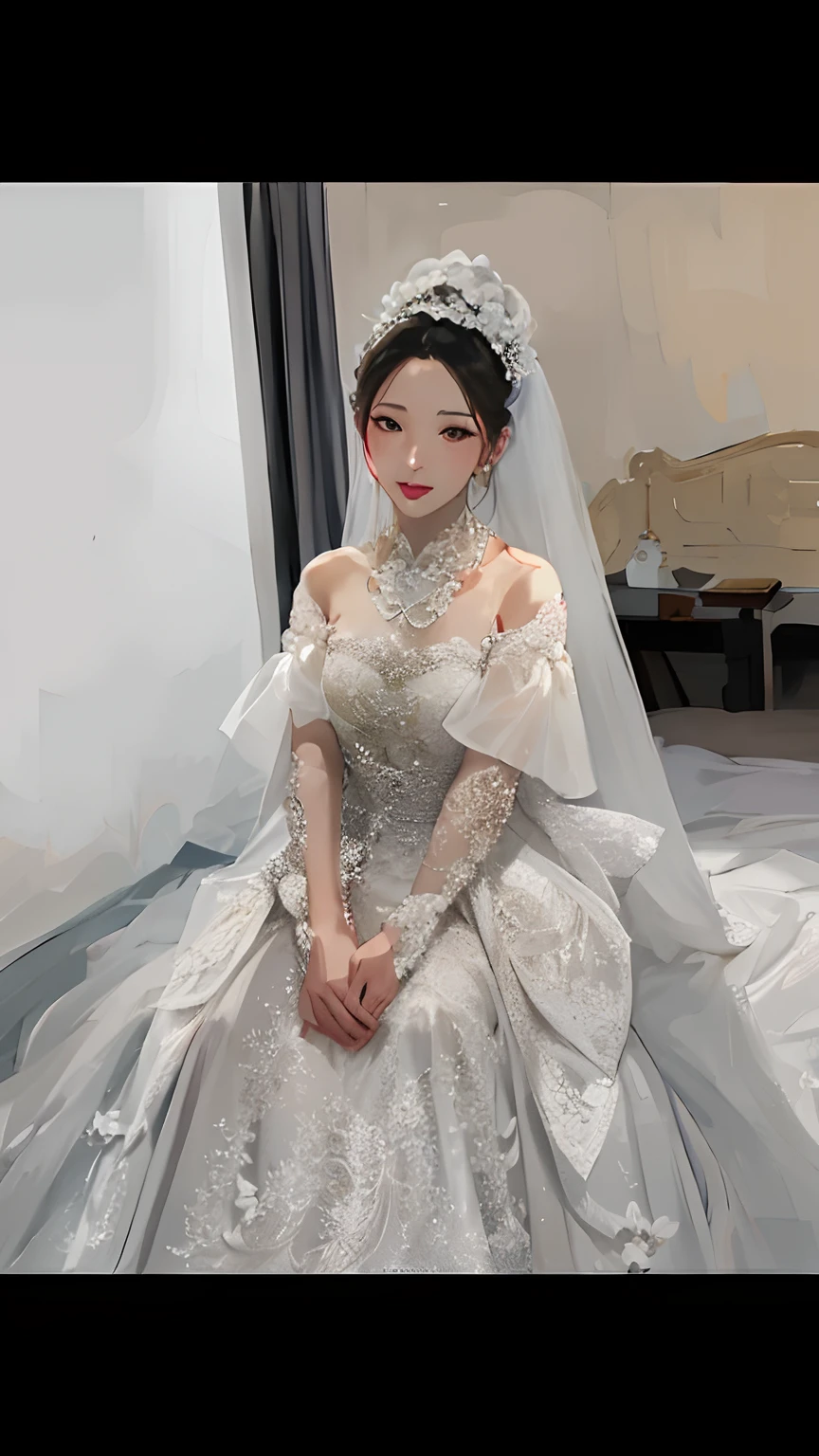Nahaufnahme einer Frau in einem Brautkleid, die auf dem Bett sitzt, Shaxi, großartige Frau, Luxuskleid, wenfei ye, altes Schwert, verträumtes Kleid, yanjun cheng, Hochzeitskleid, jinyiwei, wei wang, zmonzheng, ein Hochzeitskleid tragen, teures voluminöses Kleid, luxuriöse Hochzeit, Ganzkörper-Xianxia