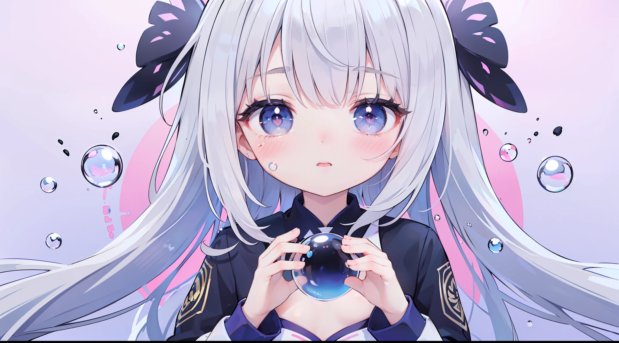 (Beautiful and cute sick girl, Love eyes, flatchest, Cute uniform, Clear and bright, soft and bright colors, Pink theme, Delicate bubble detailing)(Beautiful and cute sick girl, Long silver-gray hair, Love eyes, flatchest, Cute uniform, Clear and bright, soft and bright colors, Pink theme, Delicate bubble detailing，A black face。)