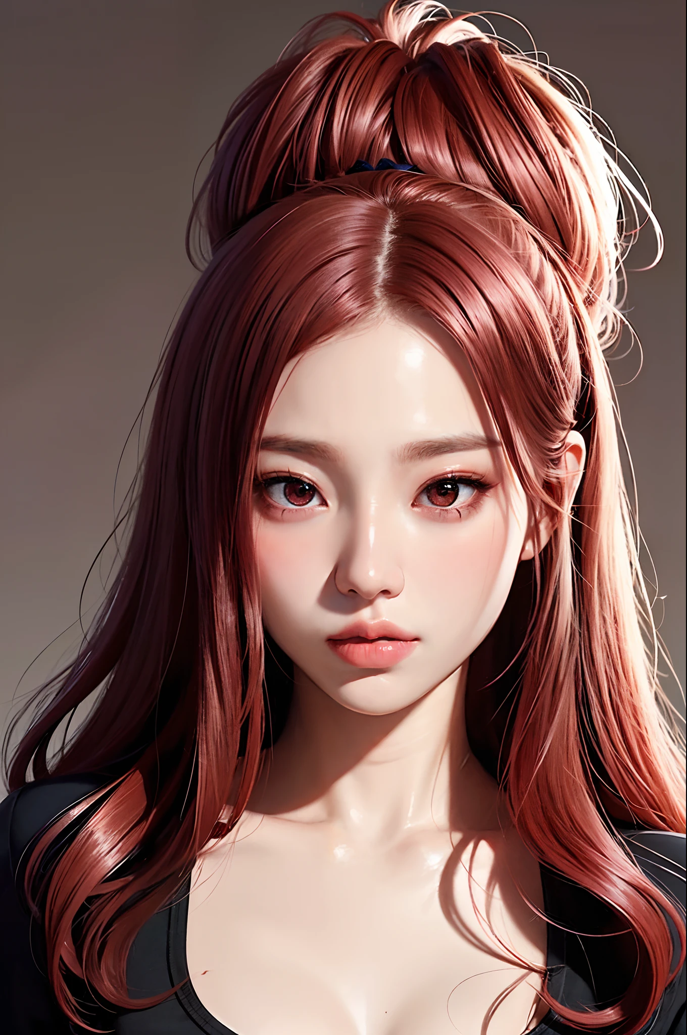 1girll, star eye, Blush, lighting perfect, Red hair, Red eyes, illusory engine, side-lighting, Detailed face, bangs, Bright Skin, Simple background, Dark background,