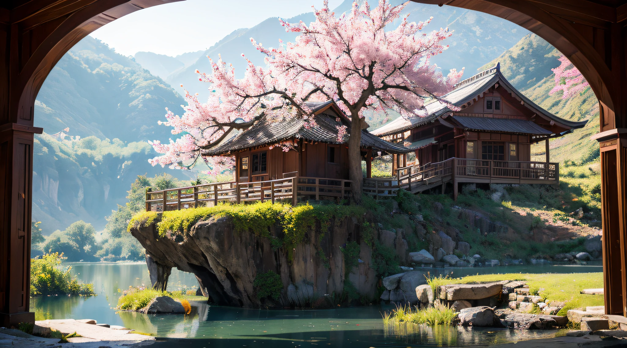 Éclairage cinématographique，Arbre à fleurs de pêcher, ponts en bois,Cabane dans les arbres,pelouses，32k（chef-d&#39;œuvre，k hd，hyper HD，16k，Étang dans les coulisses，floraison， une couleur，  （de manière réaliste：1.4），Le fond est pur， Une haute résolution， le détail， Photo RAW， re pointu， Nikon D850 Film Photo de Jefferies Lee 4 Appareil photo Kodak Portra 400 F1.6 coups, couleurs riches, textures vives ultra réalistes, Éclairage dramatique, Tendance de la station artistique Unreal Engine, Cinestir 800，