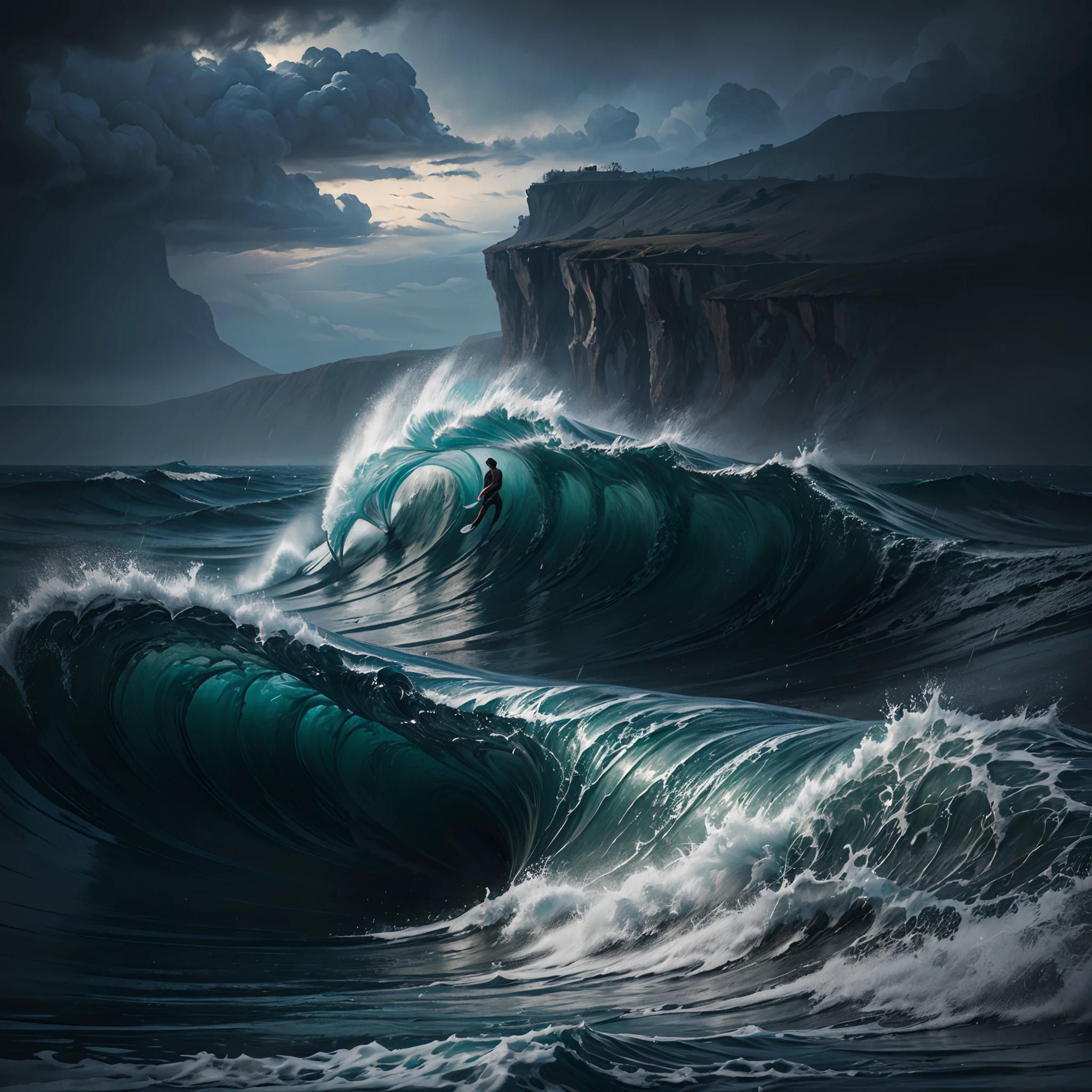 (8k masterpiece, best quality:1.3) photorealistic illustration, a shower of hailstones rains down on the ocean (huge waves1the wave of the sky is the rain; the salt of the rain falls as hail)), style, fantasy, fantasy art, in painting, digital art, illustration, photorealistic