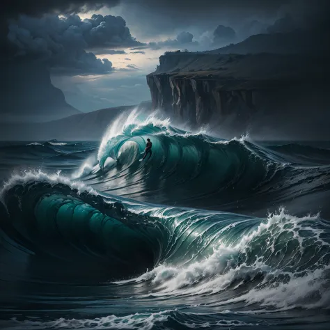 (8k masterpiece, best quality:1.3) photorealistic illustration, a shower of hailstones rains down on the ocean (huge waves1the w...