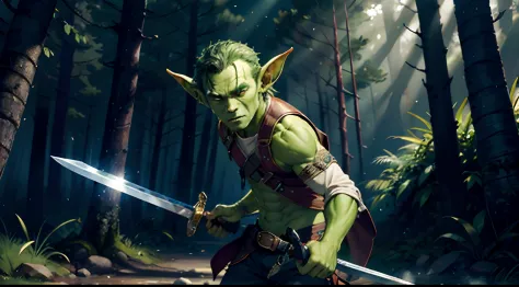 solo, solo focus, masterpiece, ((exquisite_detail)), illustration, (handsome), extremely_detailed_CG, goblin, holding a sword, i...