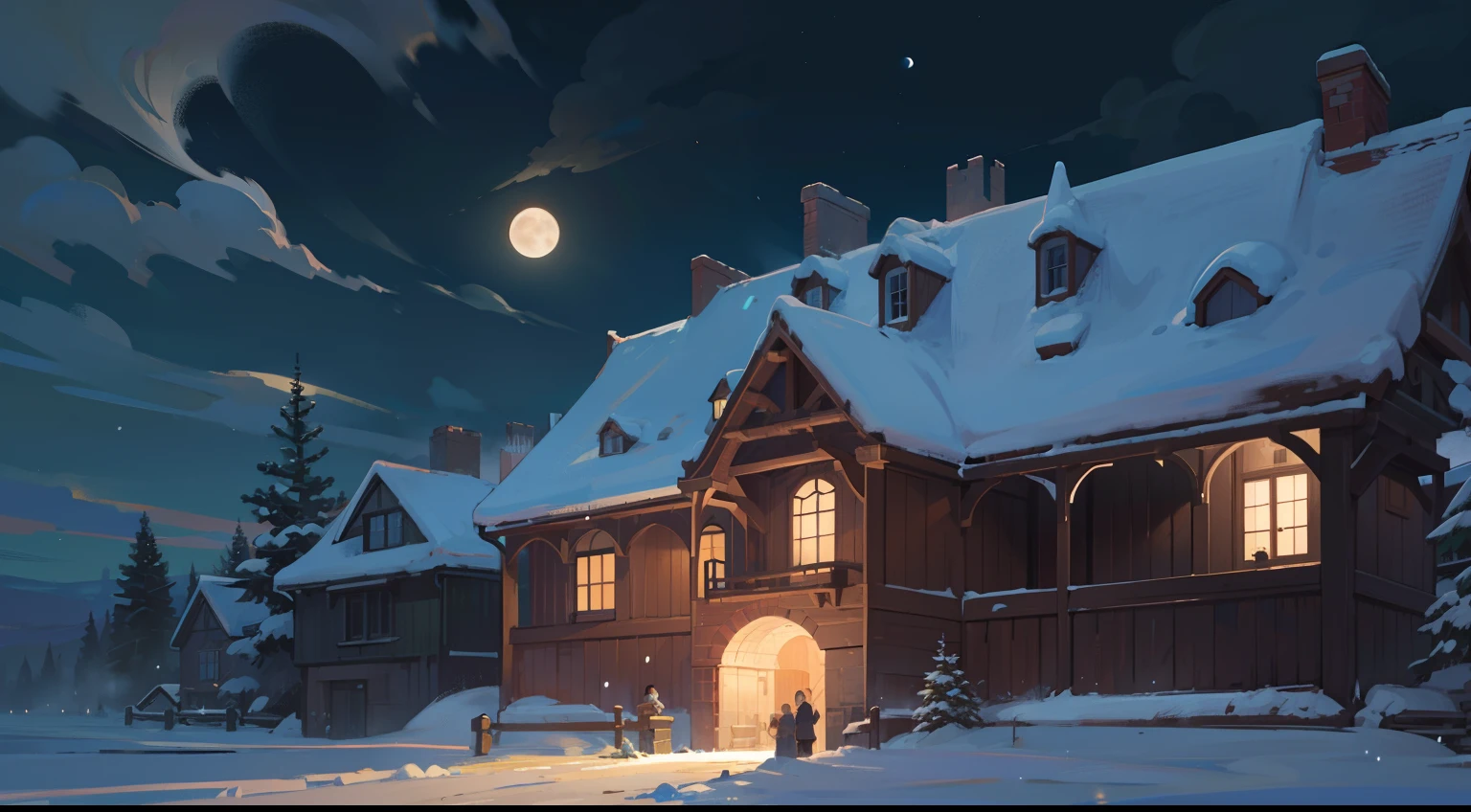 (masterpiece), best quality, ultra high res, detailed structure, detailed architecture, (warm pastel color), medival theme, medival city, snowing, (at night time:1.5), moon, cloud