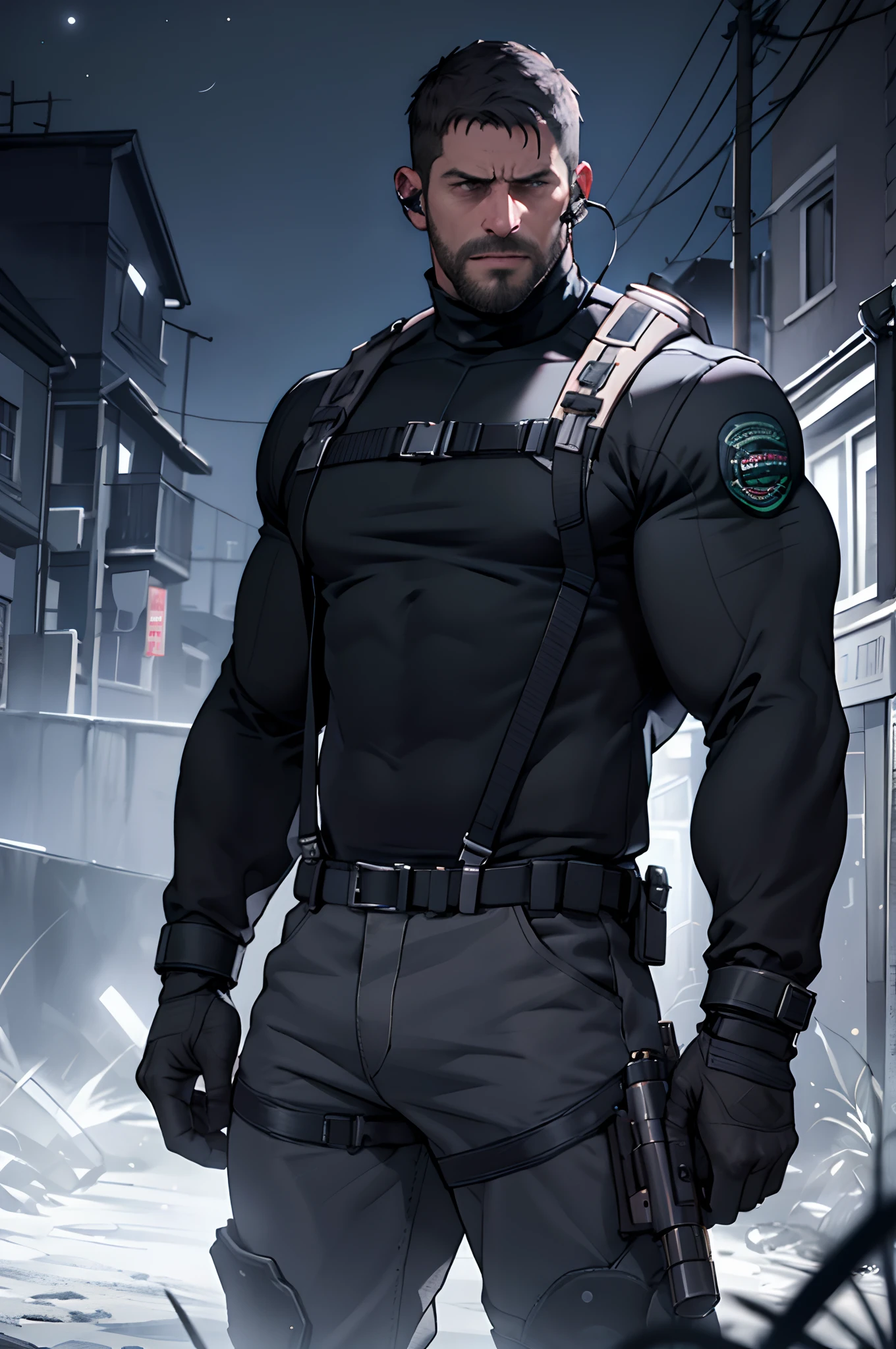 Dark gothic village in the background, ((old)) Chris Redfield from Resident Evil 8, 48 year old, muscular male, tall and hunk, biceps, abs, chest, black cold turtleneck, black trousers, suspenders, earpiece, belt, thick beard, hanging an assault rifle on the back, cold face, video games style, high resolution:1.2, best quality, masterpiece, (dark:1.2), (nightime:1.5), dark atmosphere, shadows, upper body shot