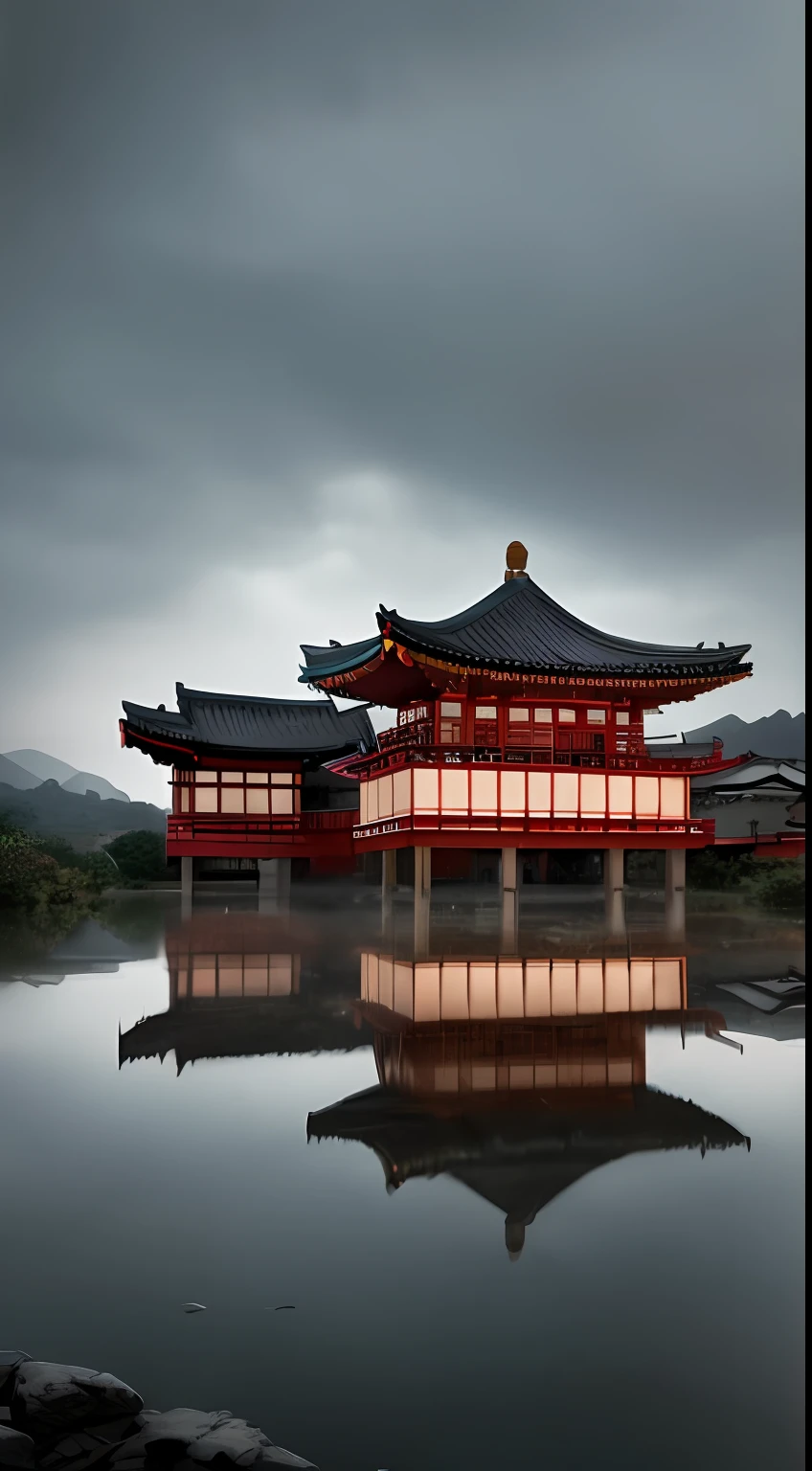 Arafed pagoda with a reflection in a lake under a cloudy sky - SeaArt AI