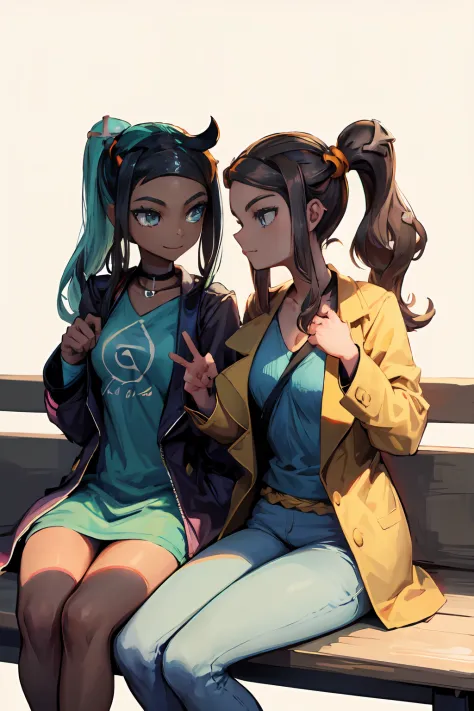 Two girls, couple, Sonia and Nessa, smiling brightly. Sonia has a charming side ponytail adorned with a heart-shaped hair ornament, complementing her ( brown eyes:1.6 ). She also has eyewear resting atop her head, adding a touch of style. Wearing a sleek t...