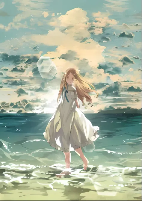 menina anime andando na praia em um vestido branco, anime girl walking on water, ( ( makoto shinkai ) ), mar azul. por makoto sh...