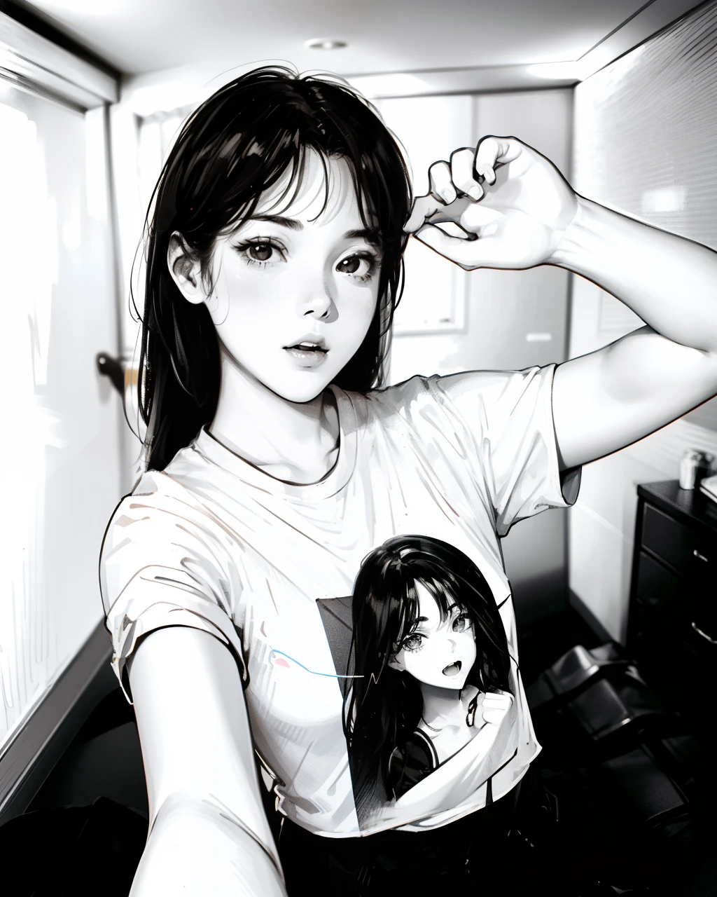 1 fille, Beau et mignon, peau claire et lisse, corps beau et mince, joues rouges, portrait, affronter, Beau et mignon, dessin en couleur noir et blanc, porter des t-shirts, Dans la chambre, pose de selfie.