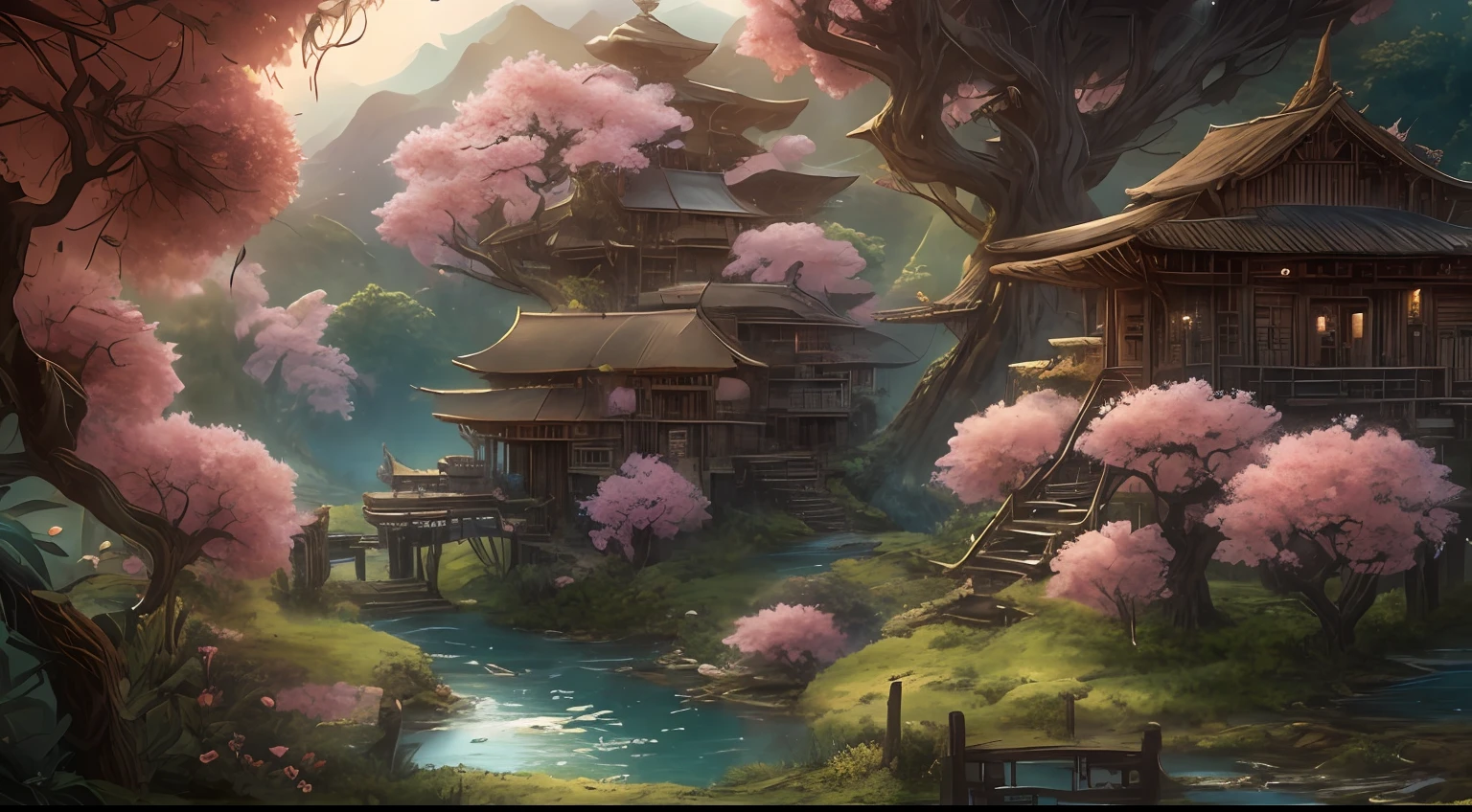 awardwinning, concept-art, fine art, Digital art, bird's eyes view，Downward view，super wide shot，Viewing angle from afar，The beauty of the ancient utopia of the East，"Quaint", "Picturesque", "Rustic", "Lush big breasts", "lawns", ((Peach blossom tree:1.2)), "Small rivers", "Many tree houses", "The tree house is connected to the tree house by a wooden bridge", ((A tree house where vines grow)), Epic, ((Cinematic lighting)), High quality, High contrast, Realistic lighting,4K textures, photolab, hdr, ((iintricate)), elegant, Highly detailed, Sharp focus, insanely details, Intricate details, ultra - detailed, Harsh movie light, Outdoor atmosphere