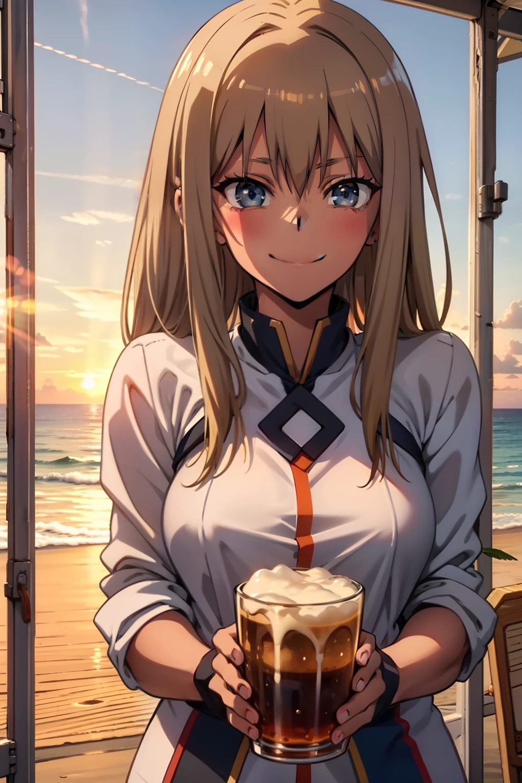 Anime girl holding a drink on a beach with a sunset in the background -  SeaArt AI