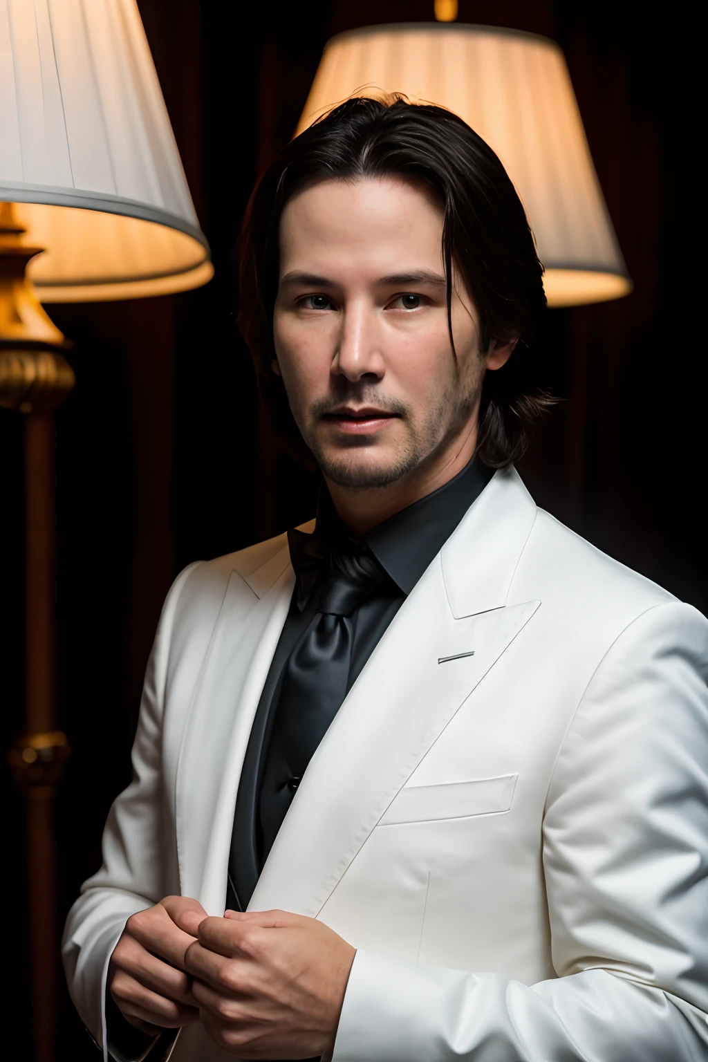 Arafed man in a white suit and black tie standing in front of a lamp ...