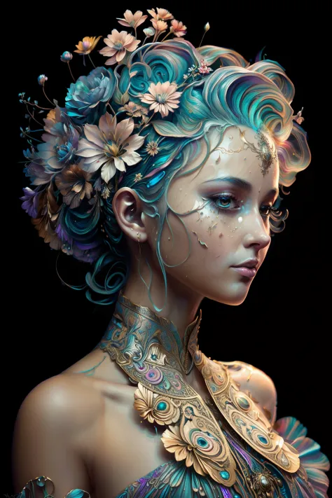 Pintura digital de una mujer joven con un tocado florido ,Arte de Alberto Severo, salpicaduras y gotas congeladas multicolores, ...