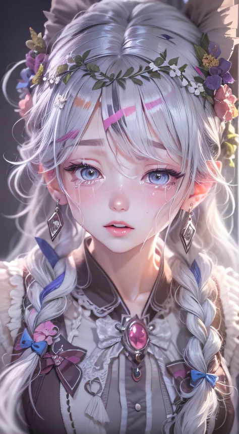 streaked hair, colored inner hair, silver hair, braided ponytail, big hair, head wreath, mole under eye, crying with eyes open, crystal earrings, oral invitation, saliva trail, yandere, Verism, ray tracing, dithering, viewfinder, first-person view, Sony FE...