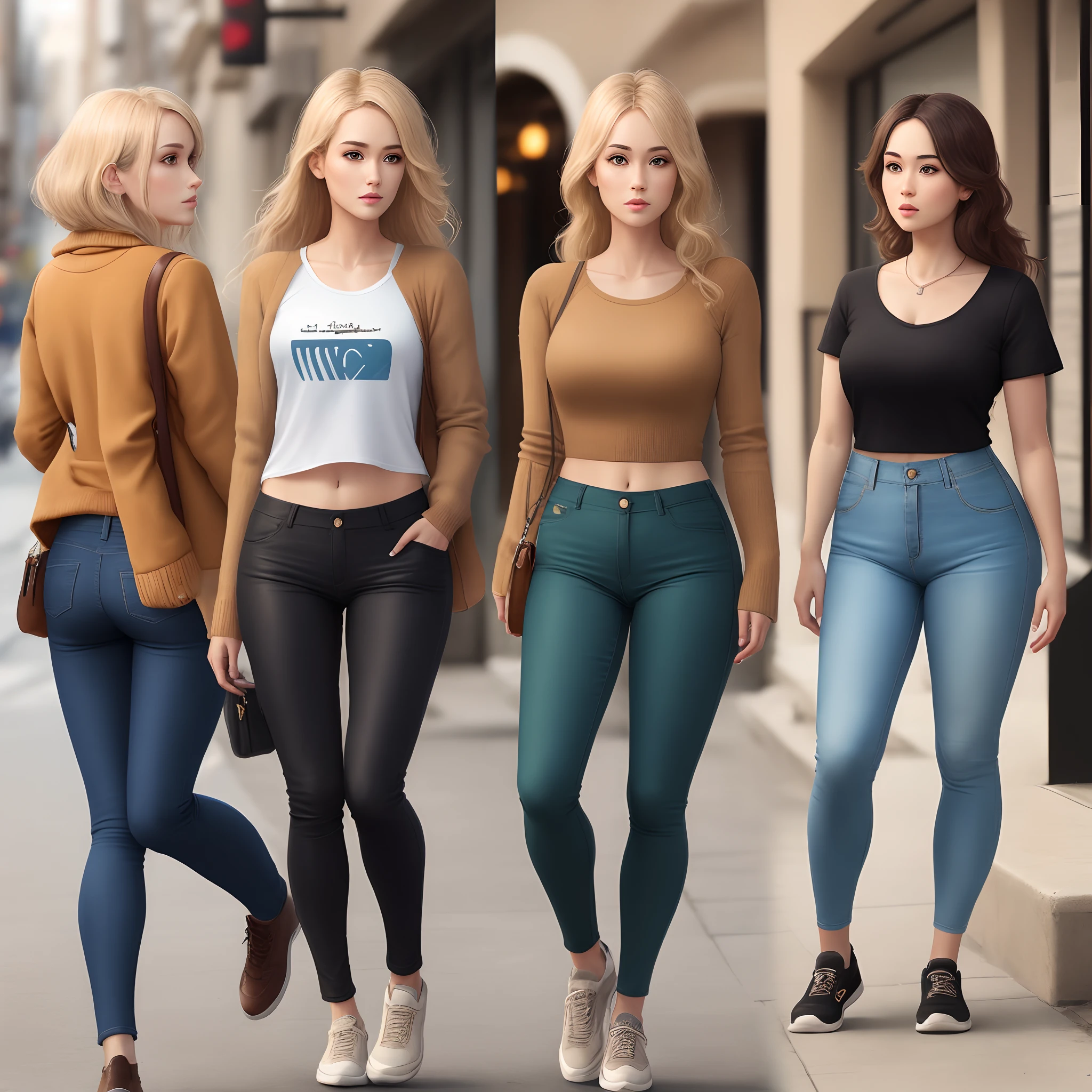 Un grupo de mujeres caminando por una calle con jeans ajustados - SeaArt AI