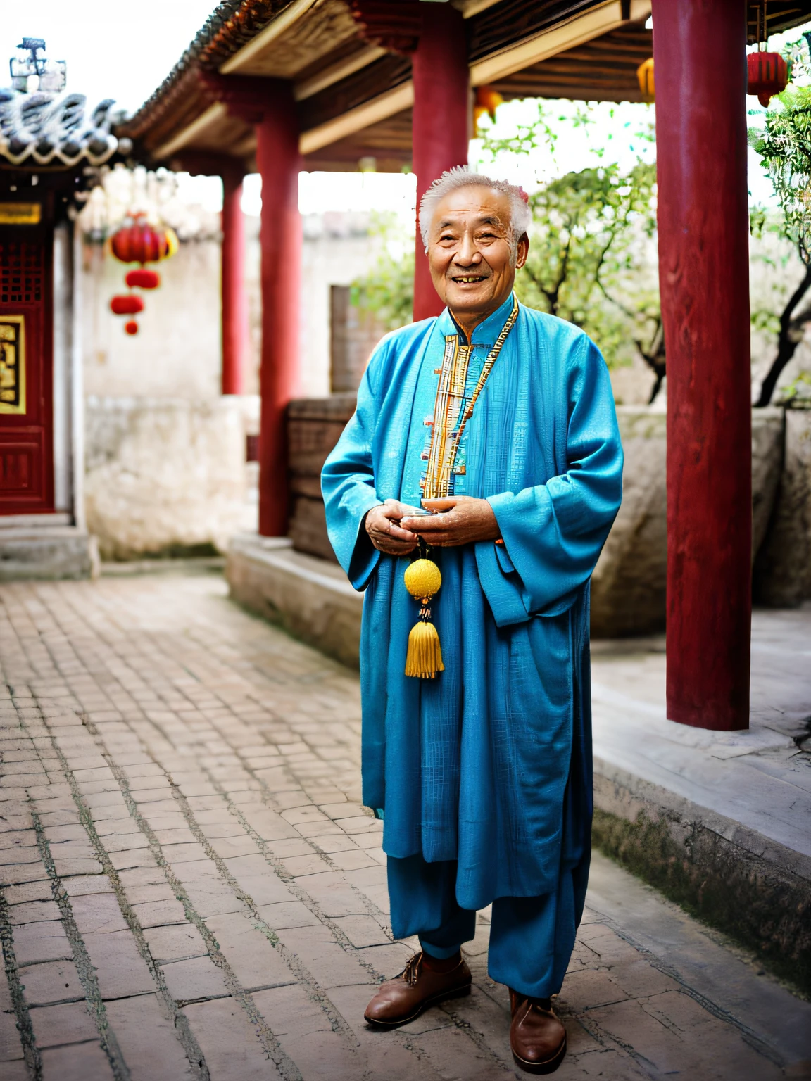 صور خام，رجل عجوز يرتدي بدلة تشونغشان يحمل خرزة بوذية，الخلفية عبارة عن فناء على الطراز الصيني，صورة نصف الجسم，（com.highdetailskin：1.2），8K فائقة الوضوح，كاميرا رقمية ذات عدسة أحادية عاكسة (SLR).，com.gentlesoftlighting，جودة عالية