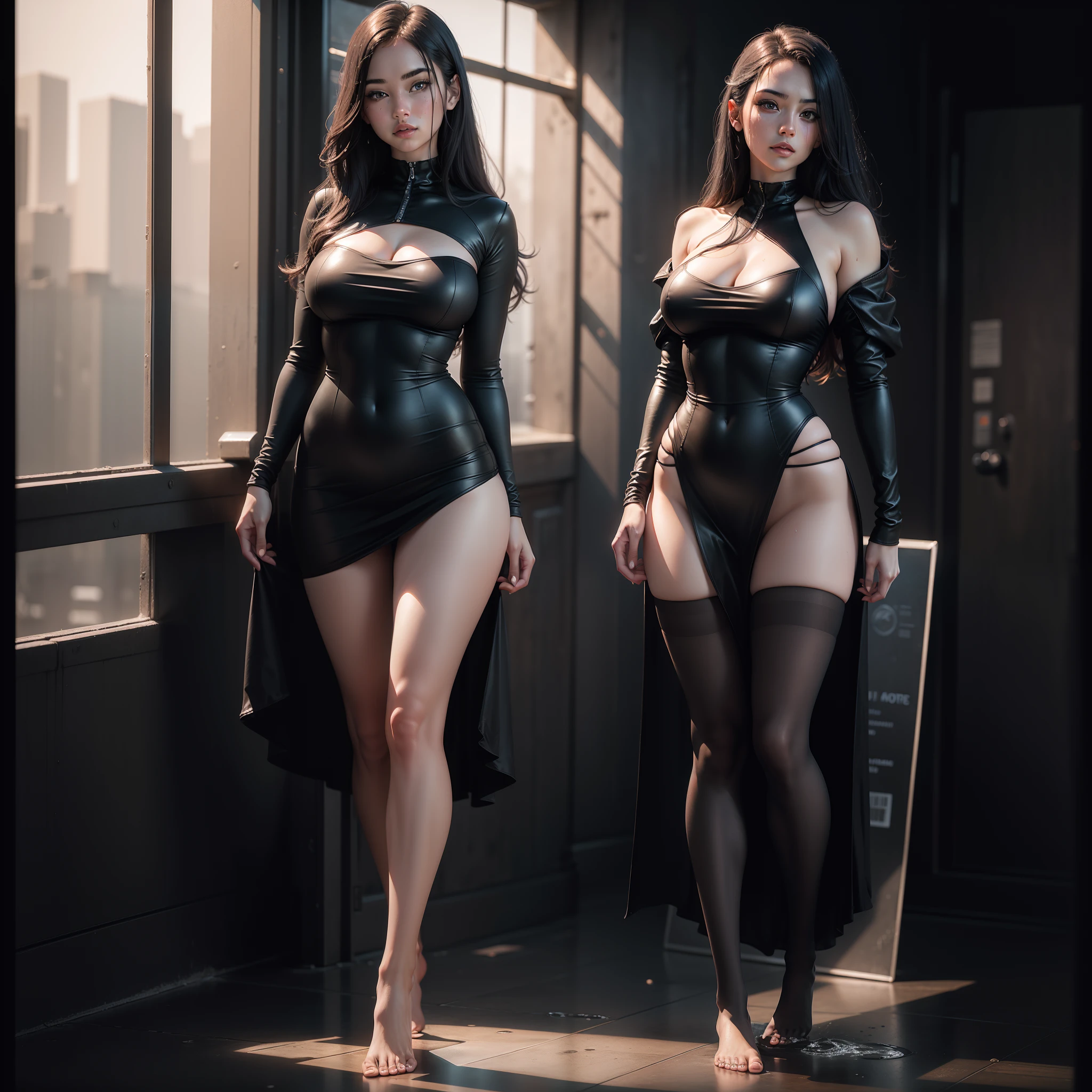 Two women in latex posing in a dark room with a window - SeaArt AI