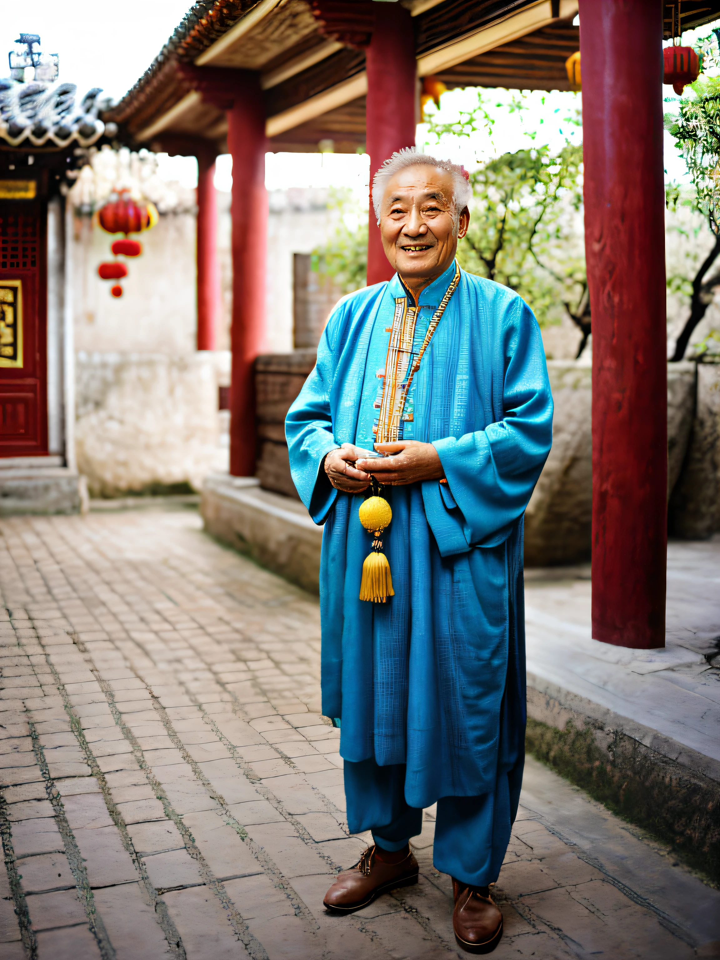 Photos brutes，Un vieil homme en costume Zhongshan tient une perle bouddhiste，L&#39;arrière-plan est une cour de style chinois，photo demi-corps，（peau très détaillée：1.2），Ultra haute définition 8K，appareil photo reflex numérique，éclairage doux et doux，de haute qualité