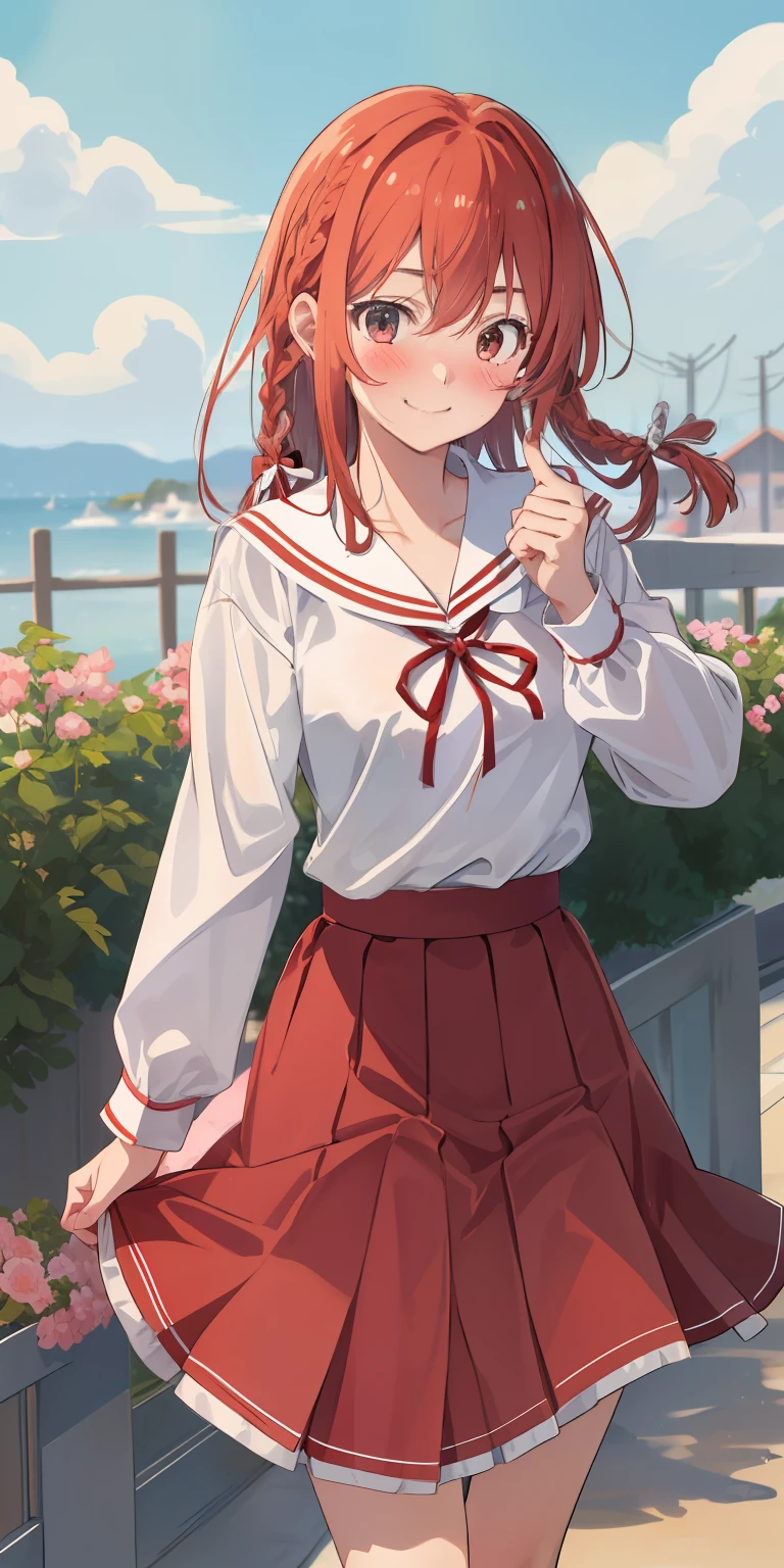 2d, masterpiece, best quality, anime, highly detailed, 1girl, solo, cowboy shot, sumi, single braid, side braid, hair bow, white bow, white shirt, long sleeves, sailor collar, red ribbon, red skirt, pleated skirt, embarrassed, blush, smile, outdoors