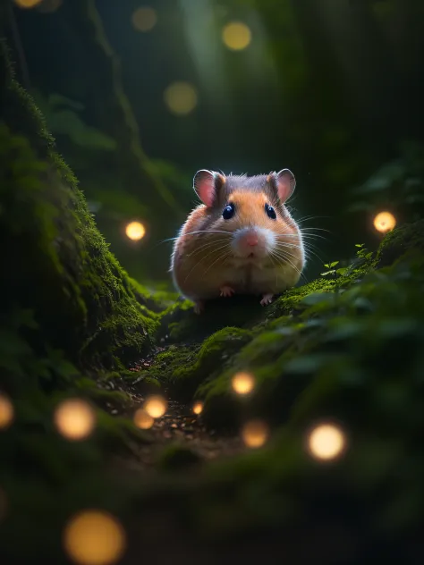 Close up photo of a hamster in an enchanting forest、deep in the night、in woods、Back lighting、fireflys、Volumetric fog、The halo、bloom、Dramatic atmosphere、central、thirds rule、200mm 1.4F Macro Shot
