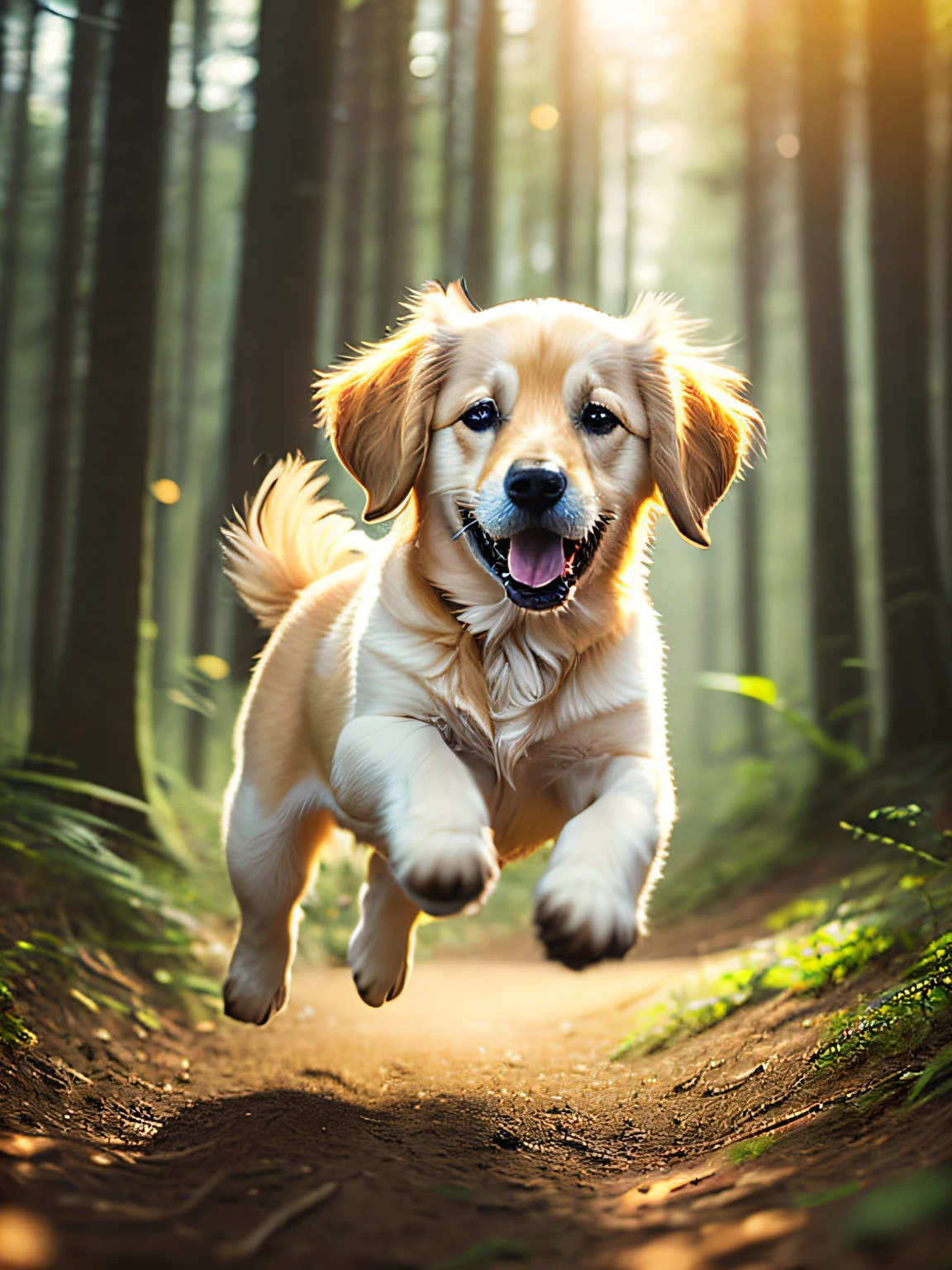 foto de primer plano de un cachorro de Golden Retriever saltando muy lindo en el bosque, luces volumétricas suaves (iluminar desde el fondo: 1.3), (cinemática: 1.2), detalles intrincados :