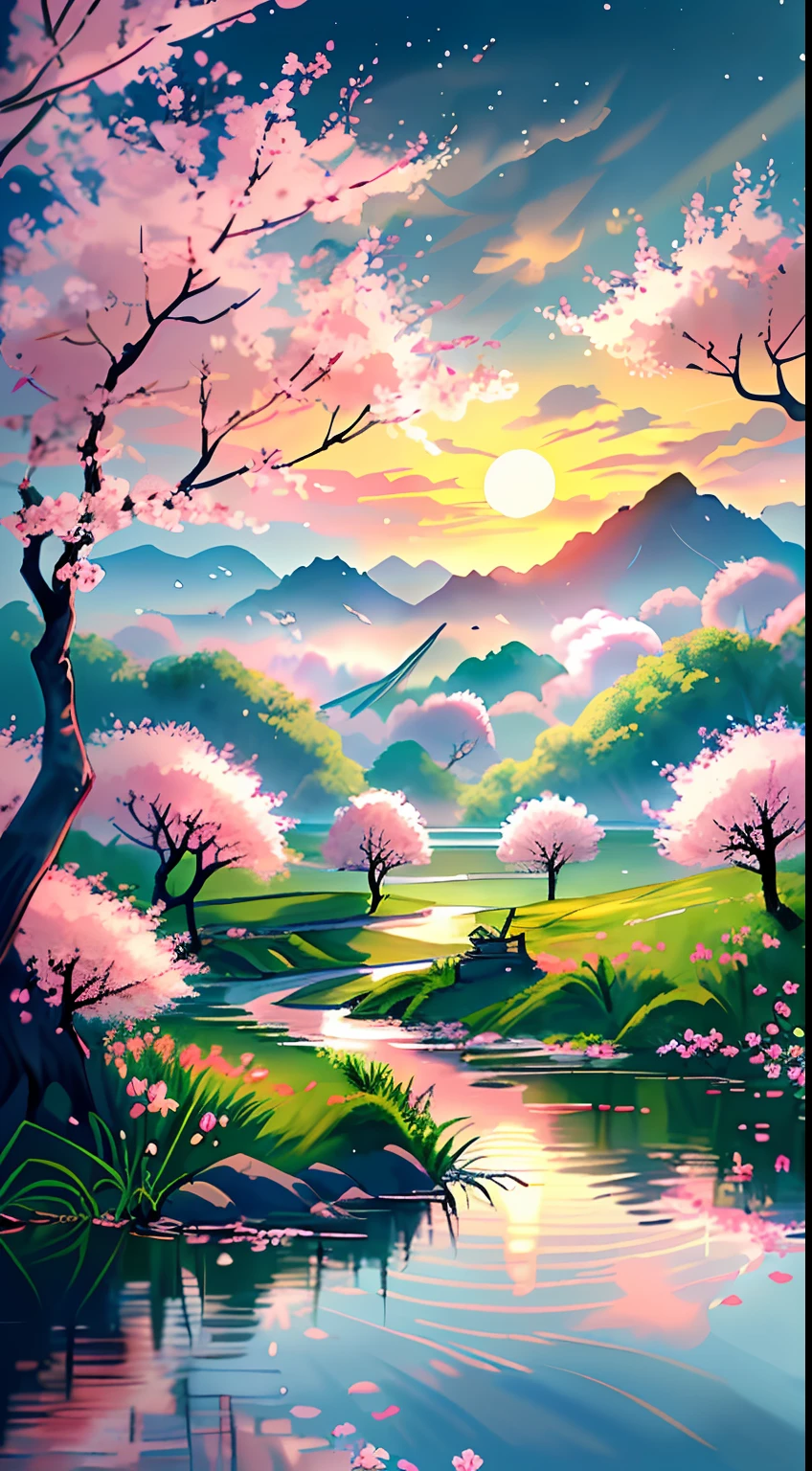 A painting of a beautiful landscape with a river and trees - SeaArt AI