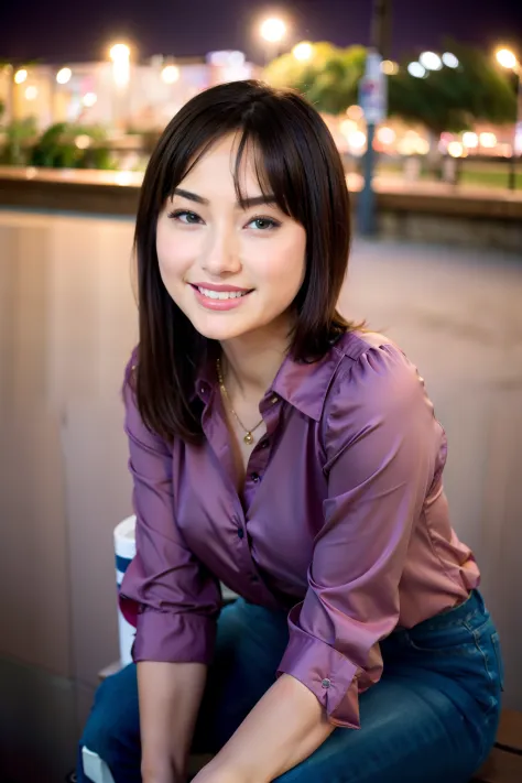 wearing a beige-pink blouse