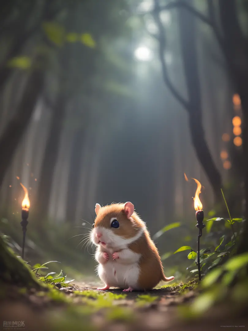 close up photo of a hamster in an enchanting forest、deep in the night、in woods、back lighting、fireflys、volumetric fog、the halo、bl...