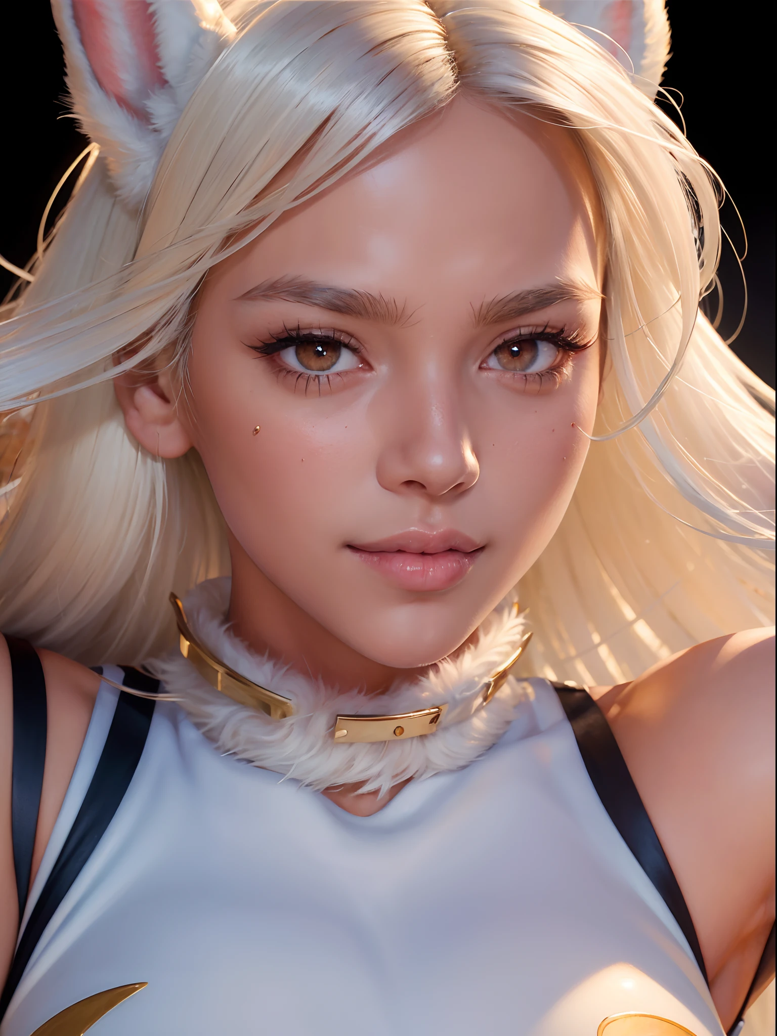 (masterpiece, best quality:1.4), (close up:1.2), (face focus:1), 1girl, solo, mirko, red eyes, long eyelashes, white hair, long hair, dark skin, rabbit ears, white leotard, sleeveless, fur collar, crescent print, looking at viewer, garden background, beautifull smile, beautiful face, highly detailed face, highly detailed eyes, highly detailed skin, skin pores, subsurface scattering, realistic pupils, full face blush, full lips, detailed background, depth of field, volumetric lighting, sharp focus, absurdres, realistic proportions, good anatomy, (realistic, hyperrealistic:1.4), 16k hdr,