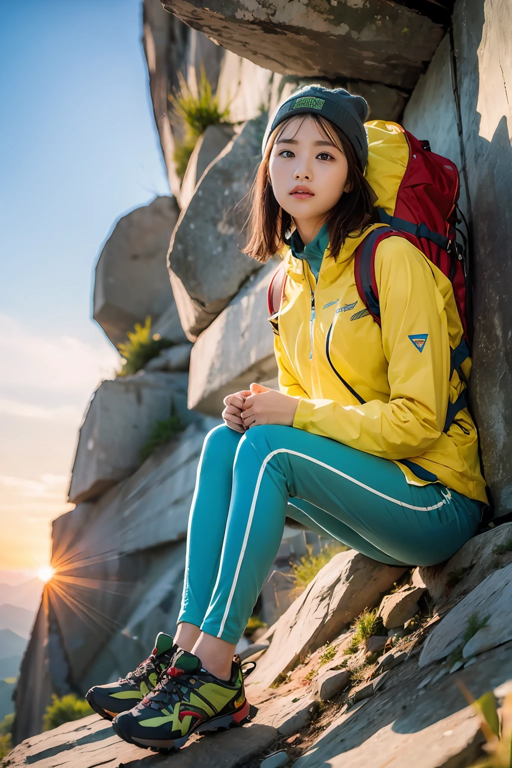 (masterpiece, best quality, 8K wallpaper, high resolution, ultra-realistic), 1girl, solo, full body from a little distance, front-facing, slender figure: 1.4, beautiful face, beautiful eyes, beautiful nose, beautiful mouth, black eyes wearing patagonia, carrying a big backpack: 1.2, mountain girl style, backpacker, mountaineer, watching a beautiful sunset while climbing, Trekking shoes, half pants