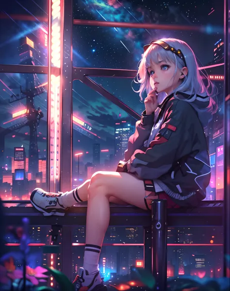 best quality, masterpiece, extremely detailed, detailed background, anime, 1girl, young girl, short girl, sci-fi, science fiction, outdoors, night, starry sky, greenhouse, megastructure, bio-dome, landscape, scenery, horizon, rooftop, sitting on rooftop, w...
