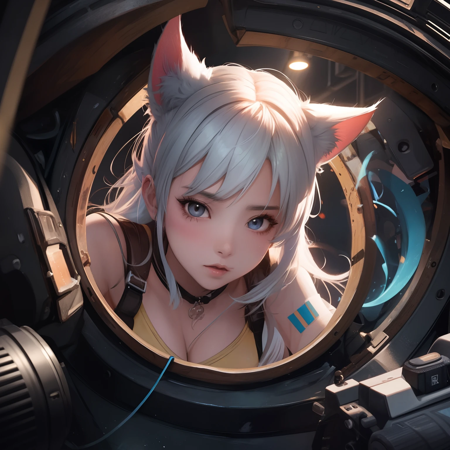 A closeup of a woman with a cat's ear and a camera, Ross Tran 8 K, Guweiz em ArtStation Pixiv, Arte no estilo de Guweiz, Wlop e Krenz Cushart, portrait anime space cadet girl, Guweiz em Pixiv ArtStation, arte de anime digital detalhada, 2. 5 d cgi anime fantasia arte