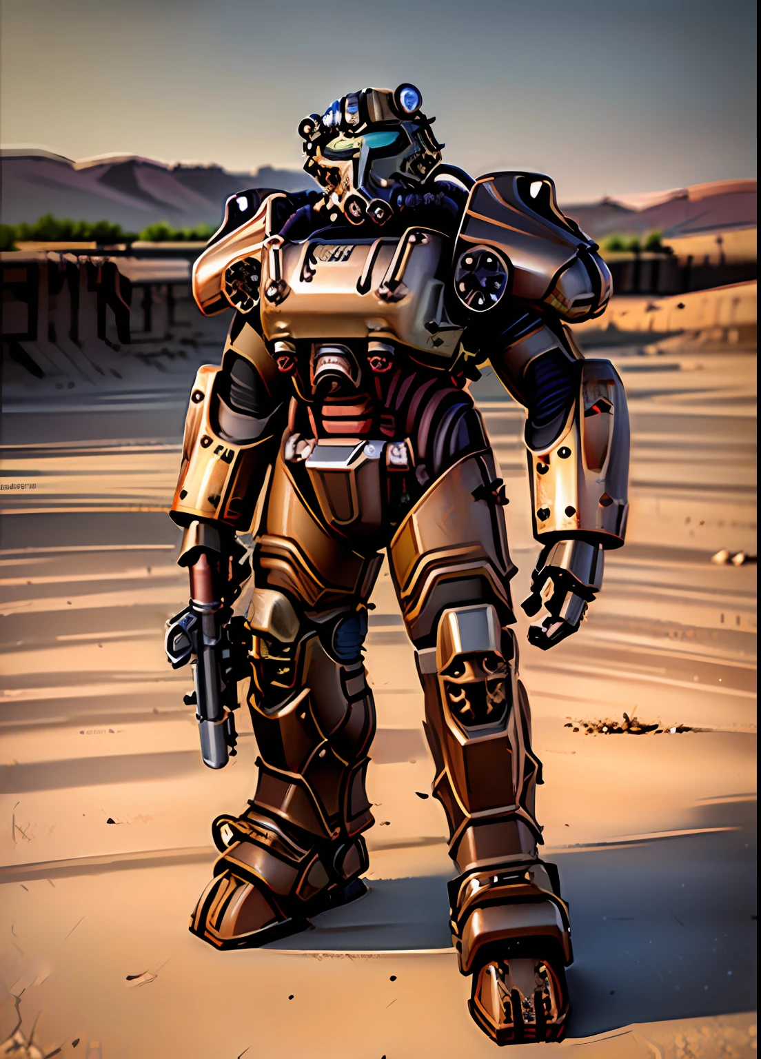 masterpiece, detailed, realistic, digital art, octane render, mecha, rusty T60PowerArmor, weapon, holding weapon, solo, full body, wasteland, fallout \(series\), at night day, with mechanical arms,, by midjourney, POV shot, trending on artstation, no humans, centered, 8k