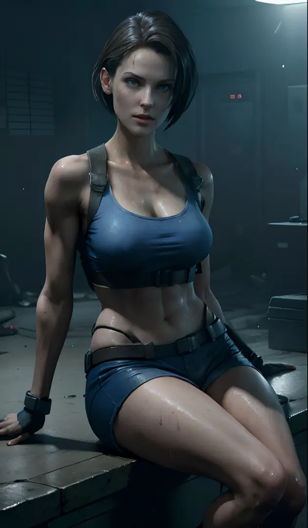 Jill Valentine from Resident Evil series clothes, standing, sitting, sexy beautiful face, doe shape eyes, full lips. slim body, breathtaking beauty, vibrant, comprehensive cinematic, 8k, cinematic lighting, best quality, 4k, very wet