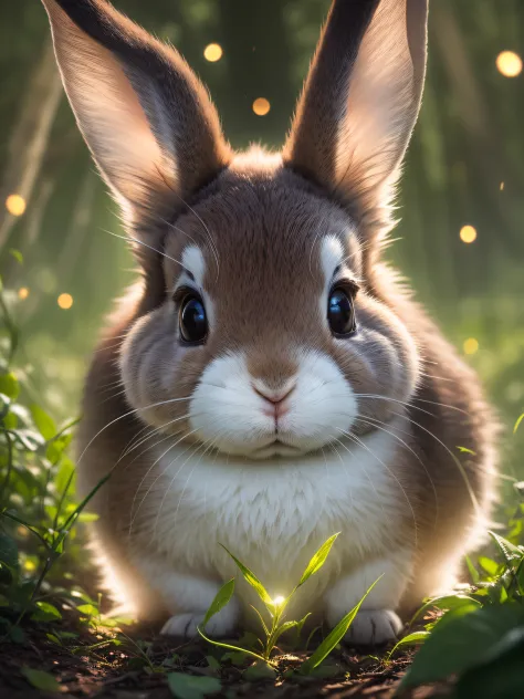 Close up photo of a rabbit in enchanted forest, late night, in the forest, backlight, fireflies, volumetric fog, halo, bloom, dramatic atmosphere, center, rule of thirds, 200mm 1.4f macro shot