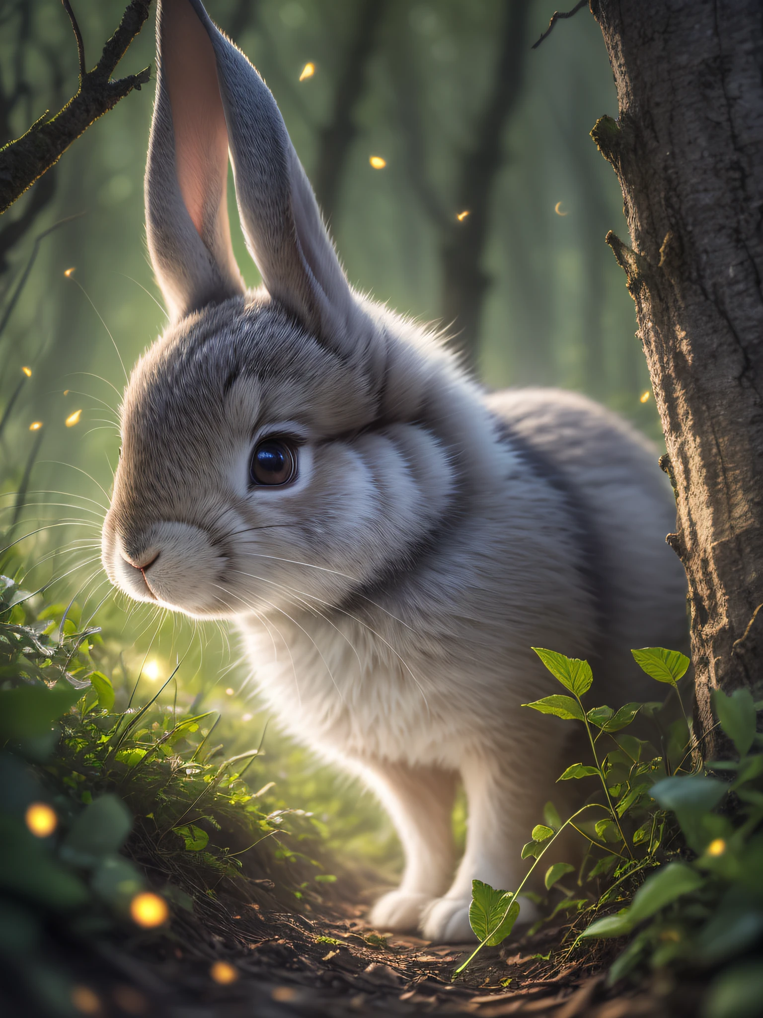 마법에 걸린 숲에 있는 토끼 사진을 클로즈업하세요, 늦은 밤, 숲속에서, 백라이트, 반딧불이, 체적 안개, 후광, 꽃, 극적인 분위기, 센터, 삼등분의 법칙, 200mm 1.4f 매크로 촬영
