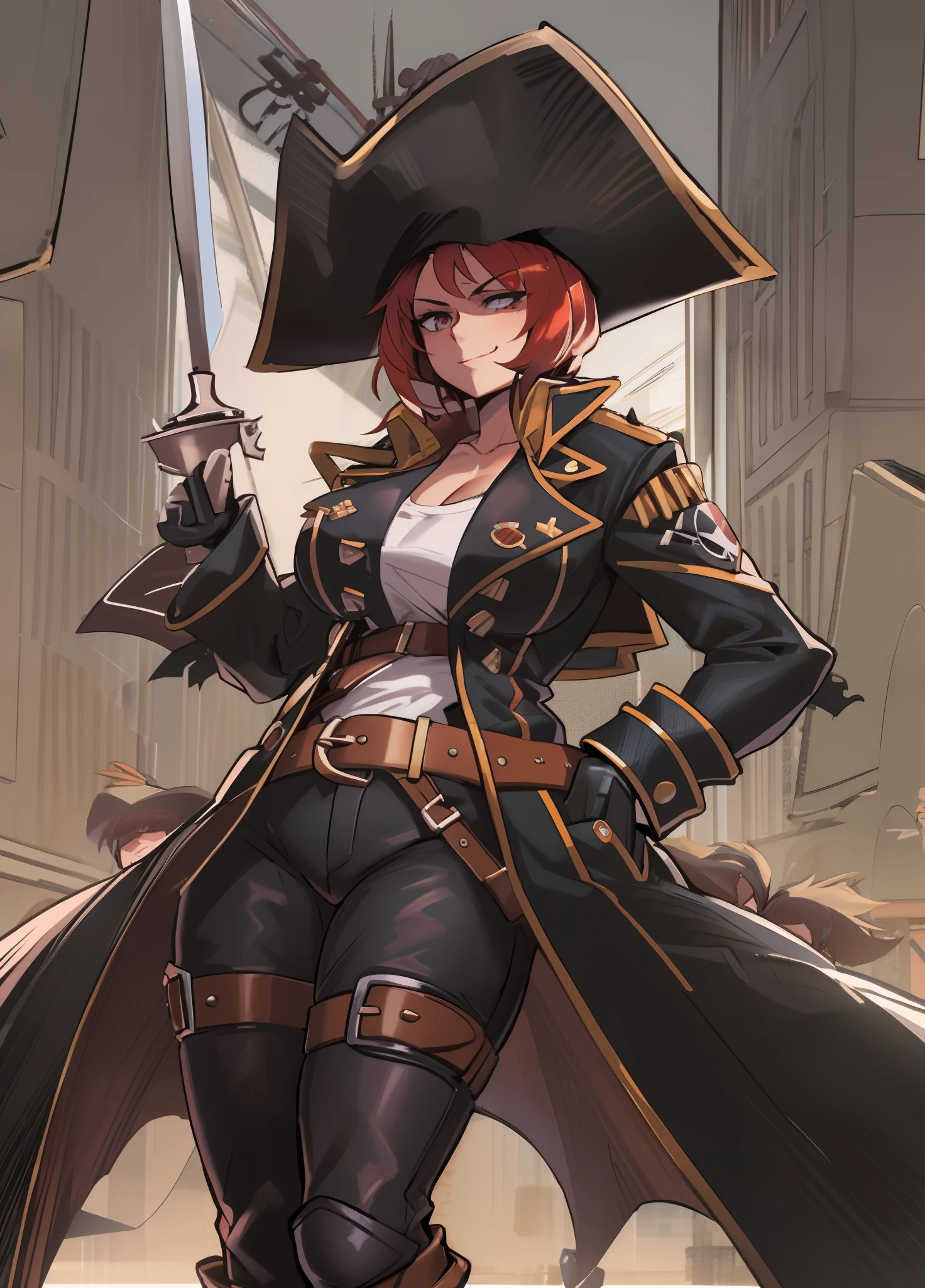 natasha_radinov_v1, caramel-apple-spiked hair, black coat, black pants, white t-shirt, brown belt, athletic, long sleeves, 1girl, hands on hips,holding sword, full armor boots, huge breast, pirate costume, pirate hat, smile