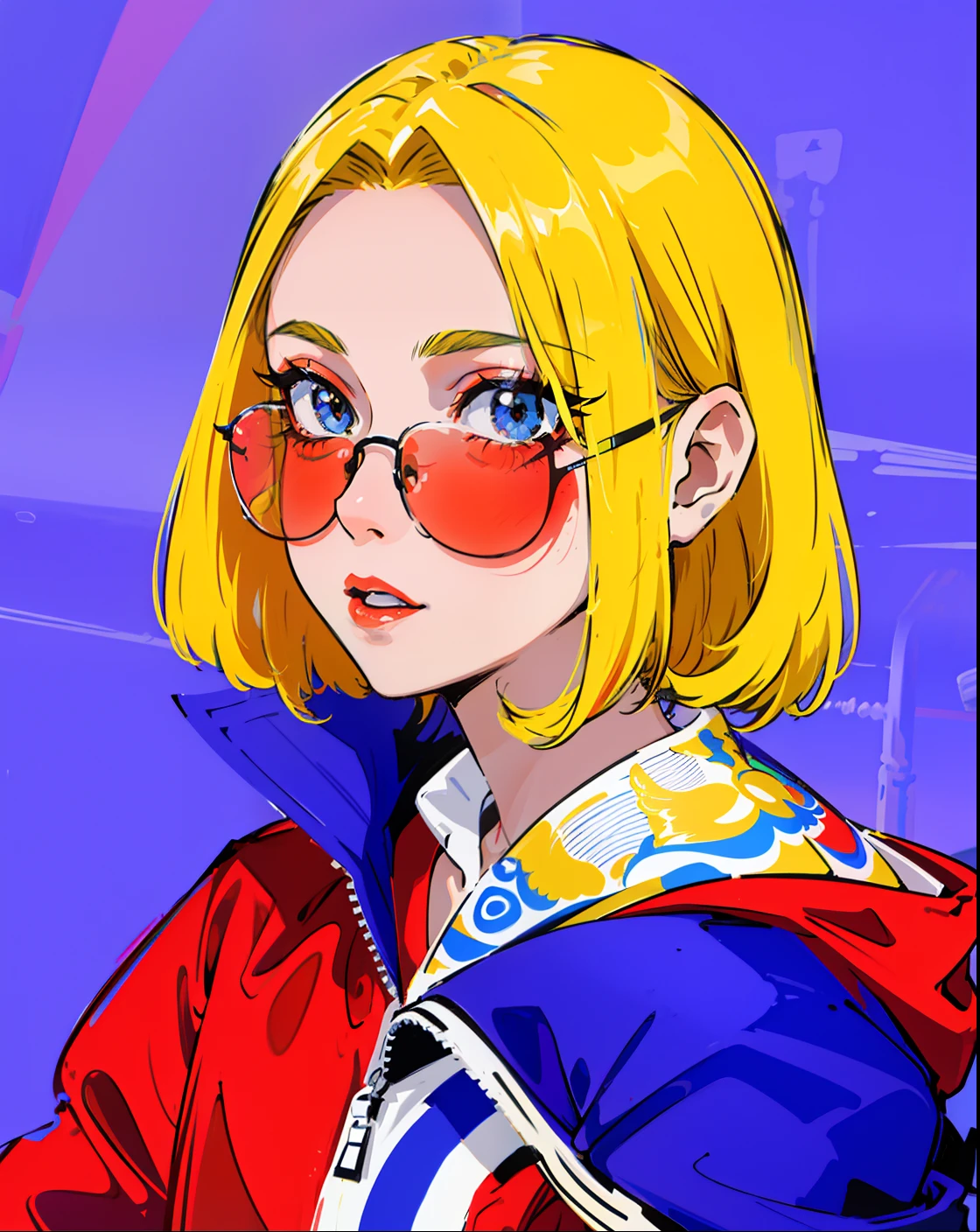 Un primer plano de una mujer con cabello amarillo con gafas rojas, amarillo y rojo, cabello amarillo, cabello de colores brillantes, ava max, mirada del arte pop, rojo amarillo, lentes de neón, cabello brillante, lentes coloridas, Tonos amarillos y morados, Retrato de Kim Petras, rojo y amarillo, rojo+colores amarillos, foto de perfil, Billie Eilish, colores rojo-amarillo; estilo anime 90 s, Ultra alta calidad, 8K.