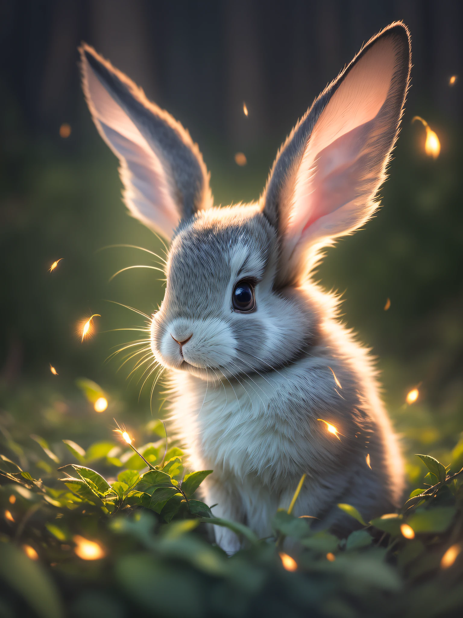 close up photo of a rabbit in an enchanted forest, nighttime, fireflies, volumetric fog, halation, bloom, dramatic atmosphere, centred, rule of thirds, 200mm 1.4f macro shot